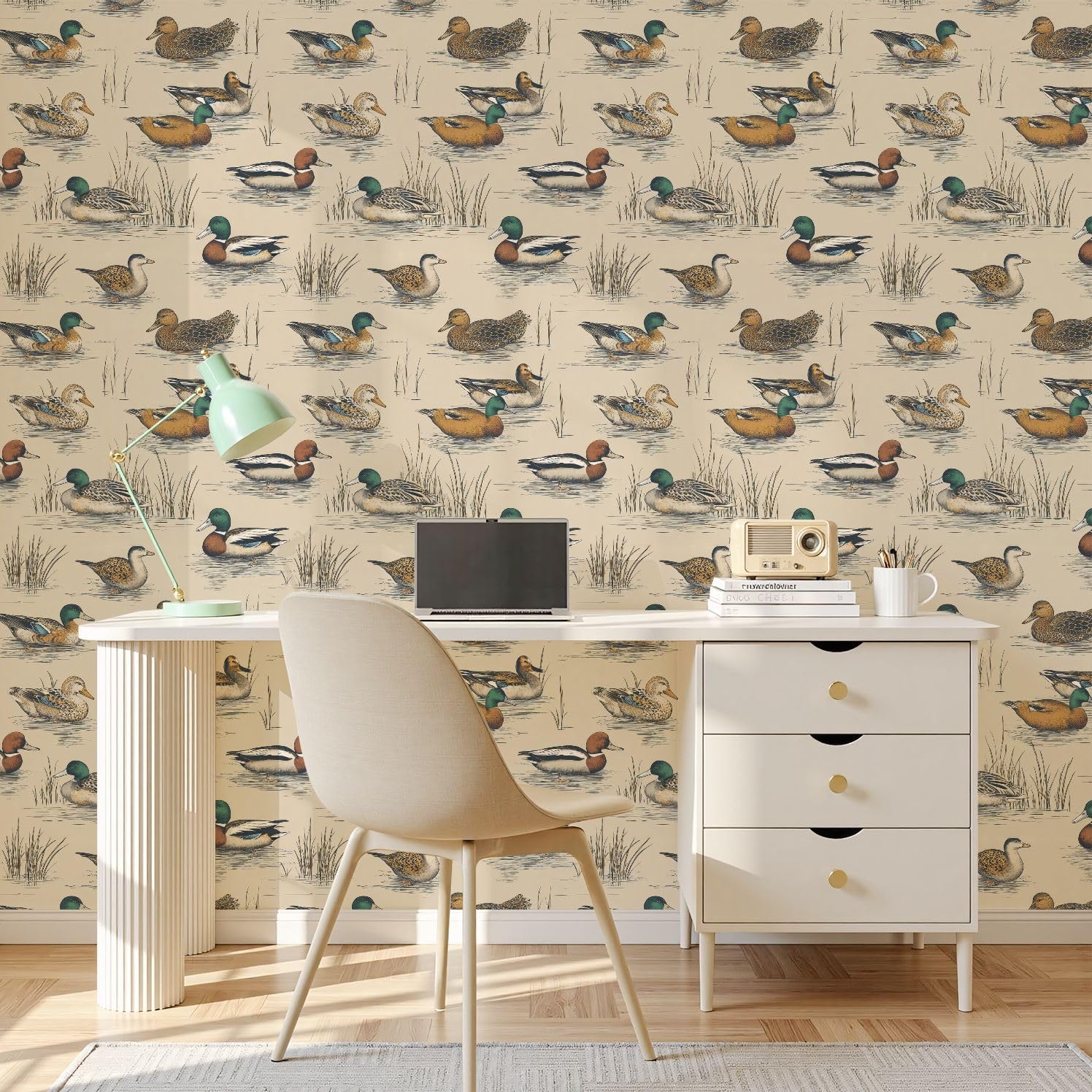 Peel and Stick Wallpaper 23.6"*393.7" Mallard Duck Wallpaper Vintage Duck Colorful Mallards Natural Habitat Wall Decor Contact Paper Removable Wall Paper for Bedroom Desk Drawers Kitchen