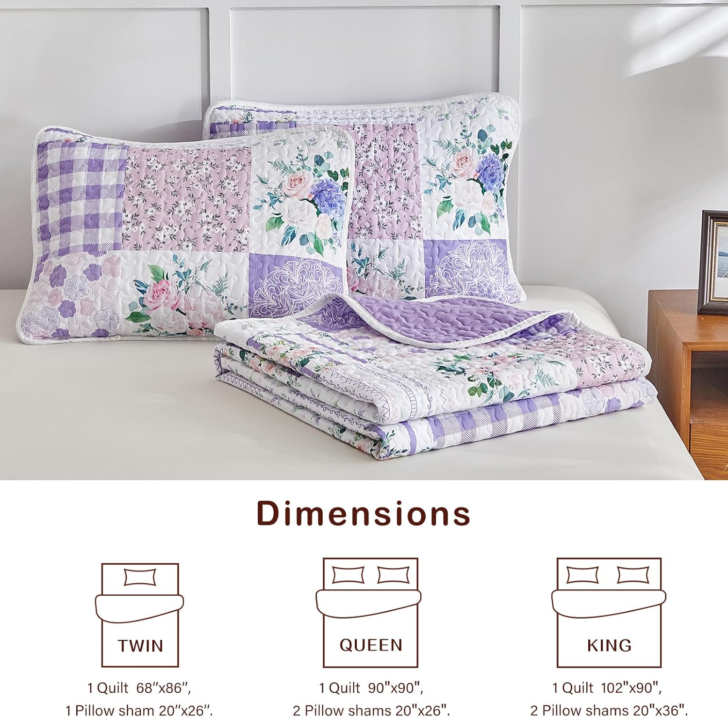 Joyreap 3 Pieces Floral Quilt Set Queen, Patchwork Purple n Pink Flowers Design, Smooth Soft Microfiber Quilt, Bedspread Bed Cover for All Season, 1 Quilt and 2 Pillow Shams- 90x90 inches - Image 7