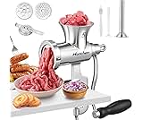 Hanchen Stainless Steel Meat Grinder Manual Mincer Machine No.5 Manual Meat Mincer for Home Use, Hand Mincer with Sausage Stuffer, Biscuit Moudle, 8mm&4.5mm Cutting Plate