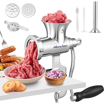 Hanchen Manual Meat Mincer Stainless Steel No. 5 Meat Grinder Biscuit Hand Meat Grinder with Sausage Filler Manual Meat Machi