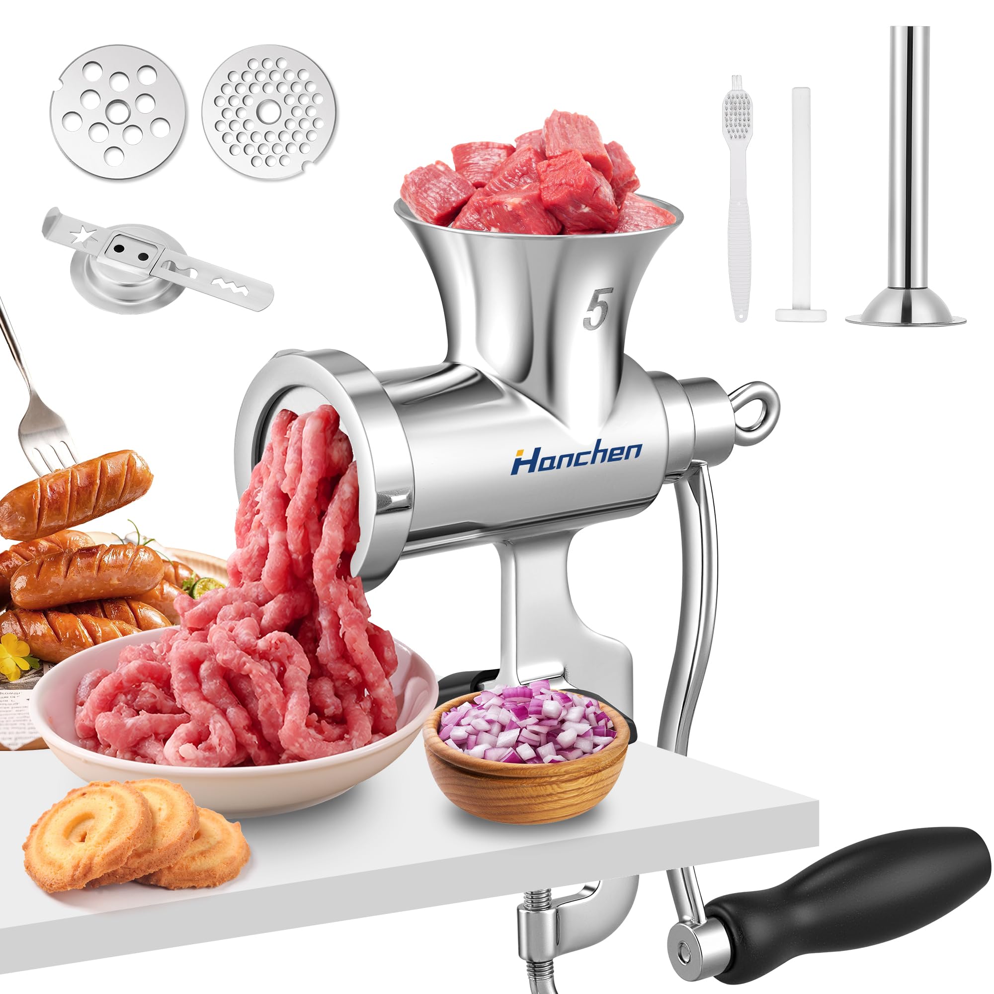 Hanchen Tritacarne manuale in acciaio inox n. 5, tritacarne a spruzzo, tritacarne a mano, con riempitivo per salsicce, macchina manuale con piastre da taglio da 8 mm e 4,5 mm
