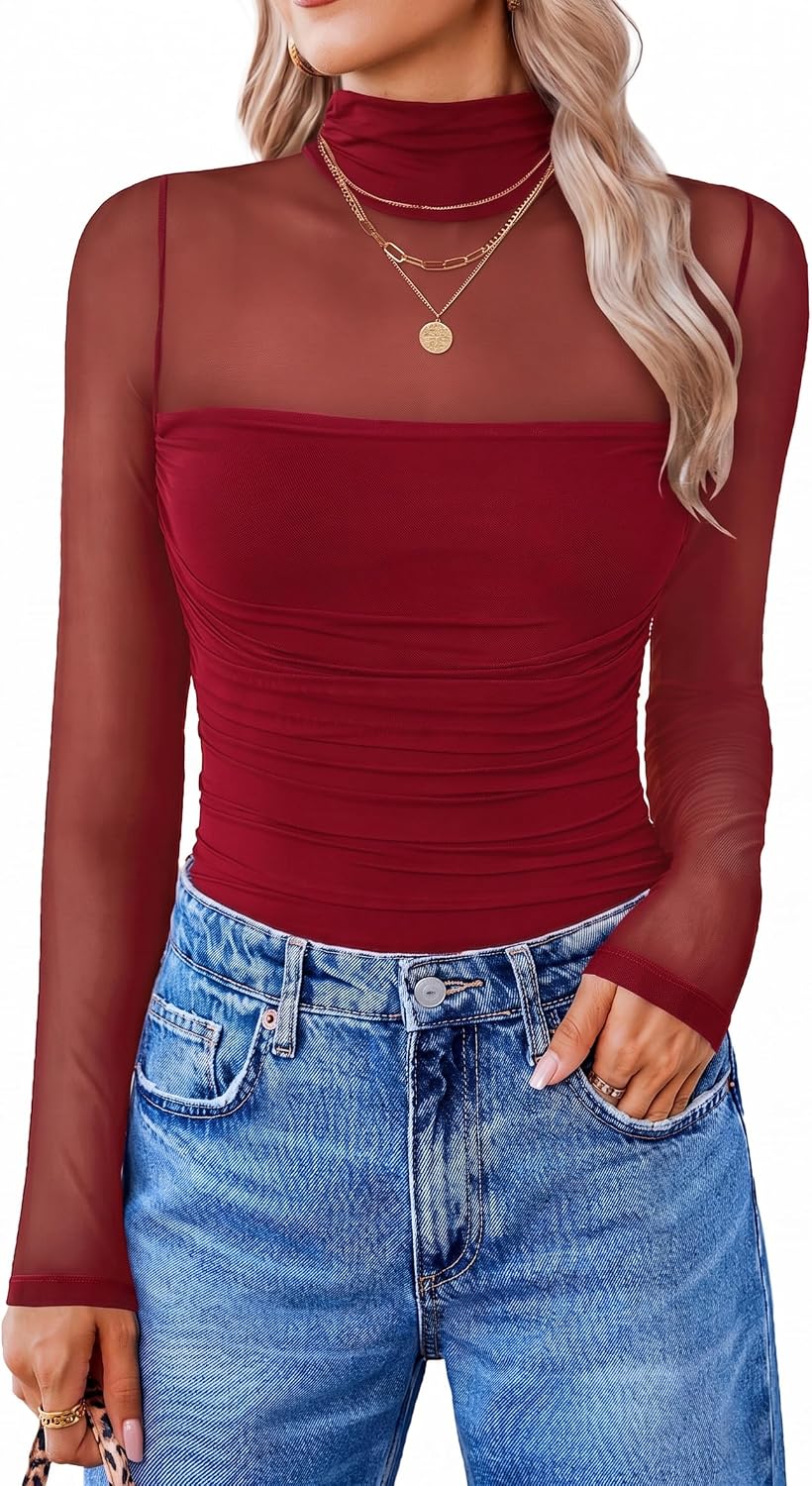 Avidlove Women Long Sleeve Bodysuit Turtle Neck Shapewear Body Suits Mesh One Piece Leotard Shirt Going Out Tops Fall Outfits