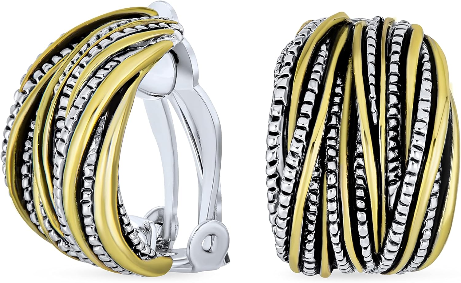 Half Hoop Shrimp Style Two Tone Caviar Bead Braided Crossover Wire Dome Clip On Earrings For Women Non Pierced Ears Oxidized Silver Gold Plated Brass