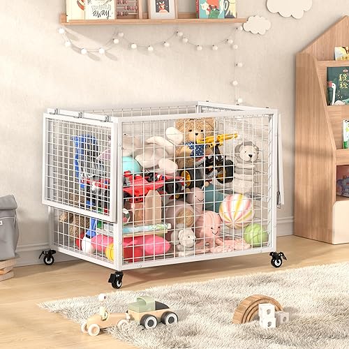 Miniatura 8 de rehomerance Carrito de pelotas organizador de equipo deportivo con tapa bloqueable, contenedor de almacenamiento de baloncesto para interiores y