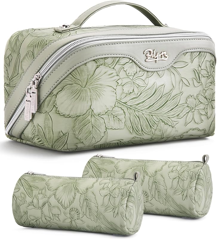 Necessaire de maquiagem BOYATU com estojos e alça, estampa floral, 02-Light Green, Pacote com 3