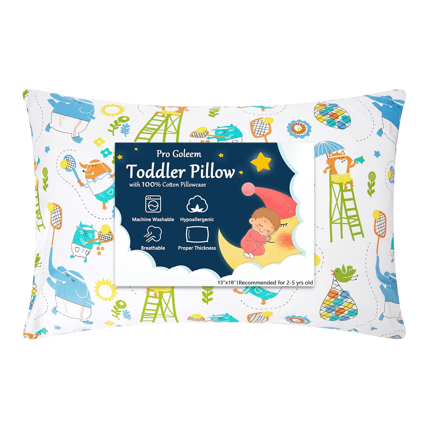 Pro Goleem Toddler Pillow with Cotton Pillowcase 13x18 Soft Toddler Pillows for Sleeping Kids Pillow Child Pillow Machine Washable Perfect for Crib, Bed, Toddler Cot and Travel (Animal Printed)