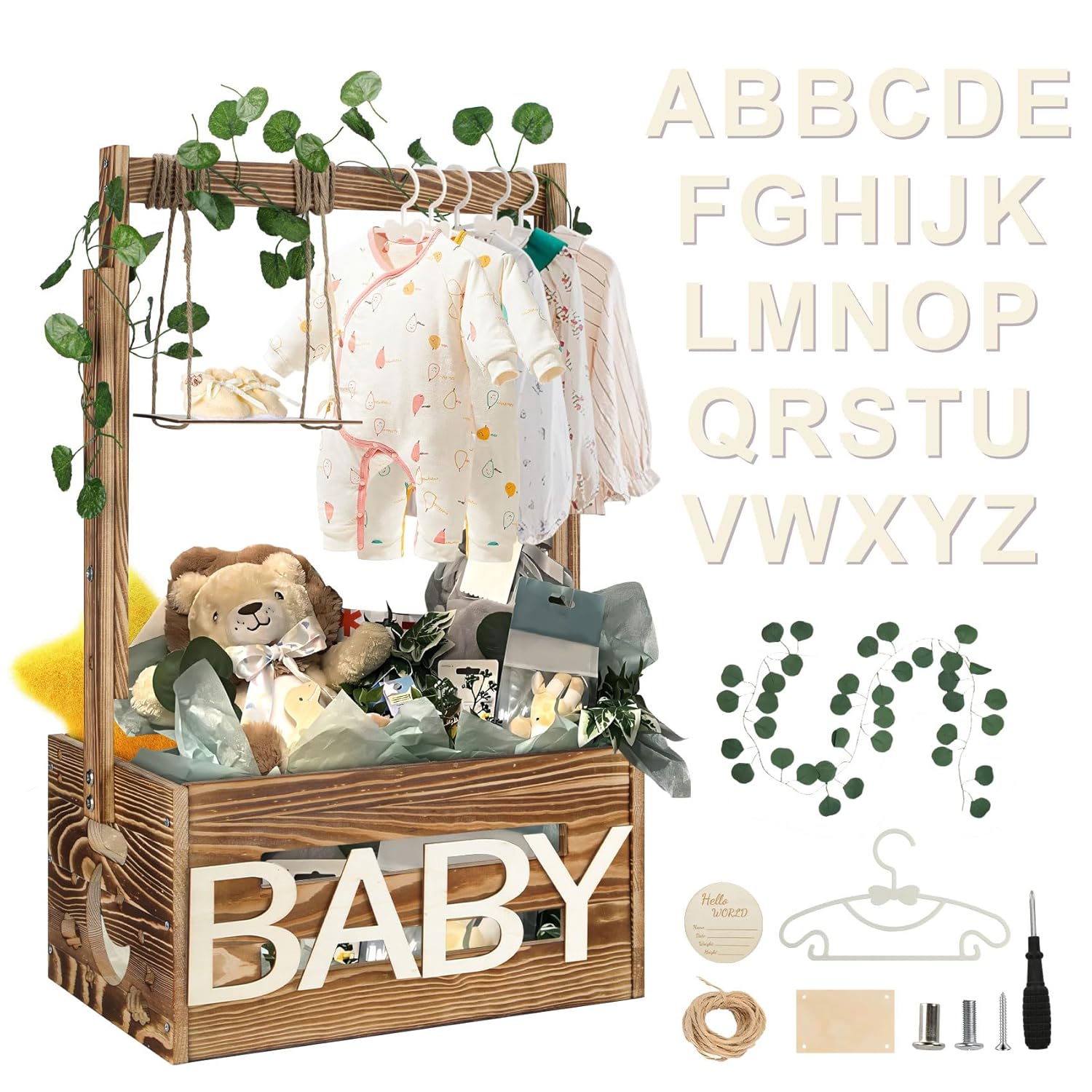 Wooden Baby Shower Crate Closet, Baby Shower Basket with 33.5" High Hanger Rack and Swing, DIY Baby Welcome Box with Handle, Easy Assembly Storage Crate for Pregnancy New Parent（Brown）