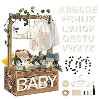 Vista 9 de Cajón Armario de Madera para Baby Shower, Cesta de Baby Shower con Perchero de 33.5 pulgadas de Alto y Columpio, Caja de Bienvenida DIY para Bebé