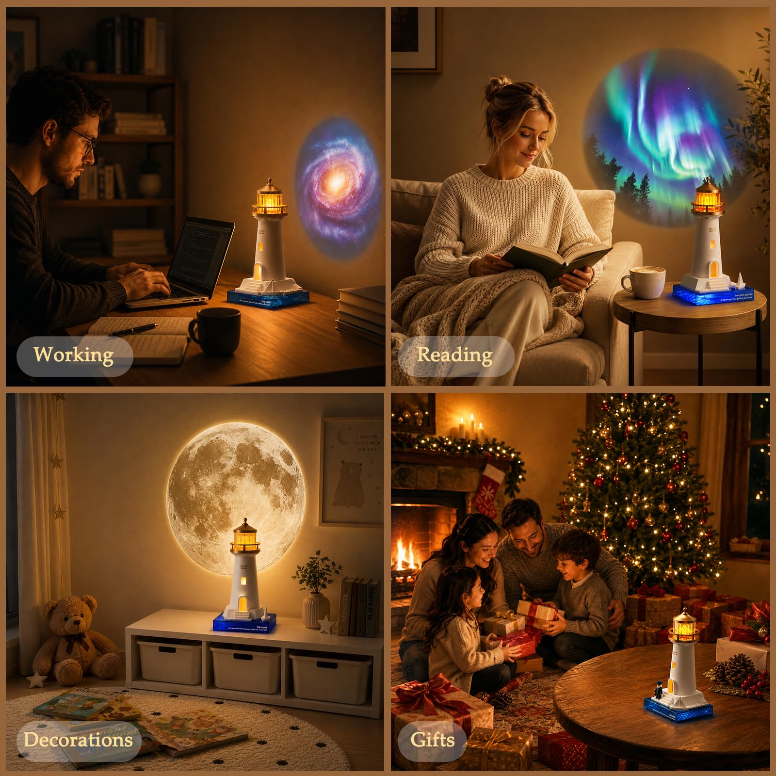 Luz nocturna de faro, lámpara de proyección recargable con control remoto, luna Saturno puesta de sol Aurora galaxia luz nocturna para decoración del hogar, regalo único