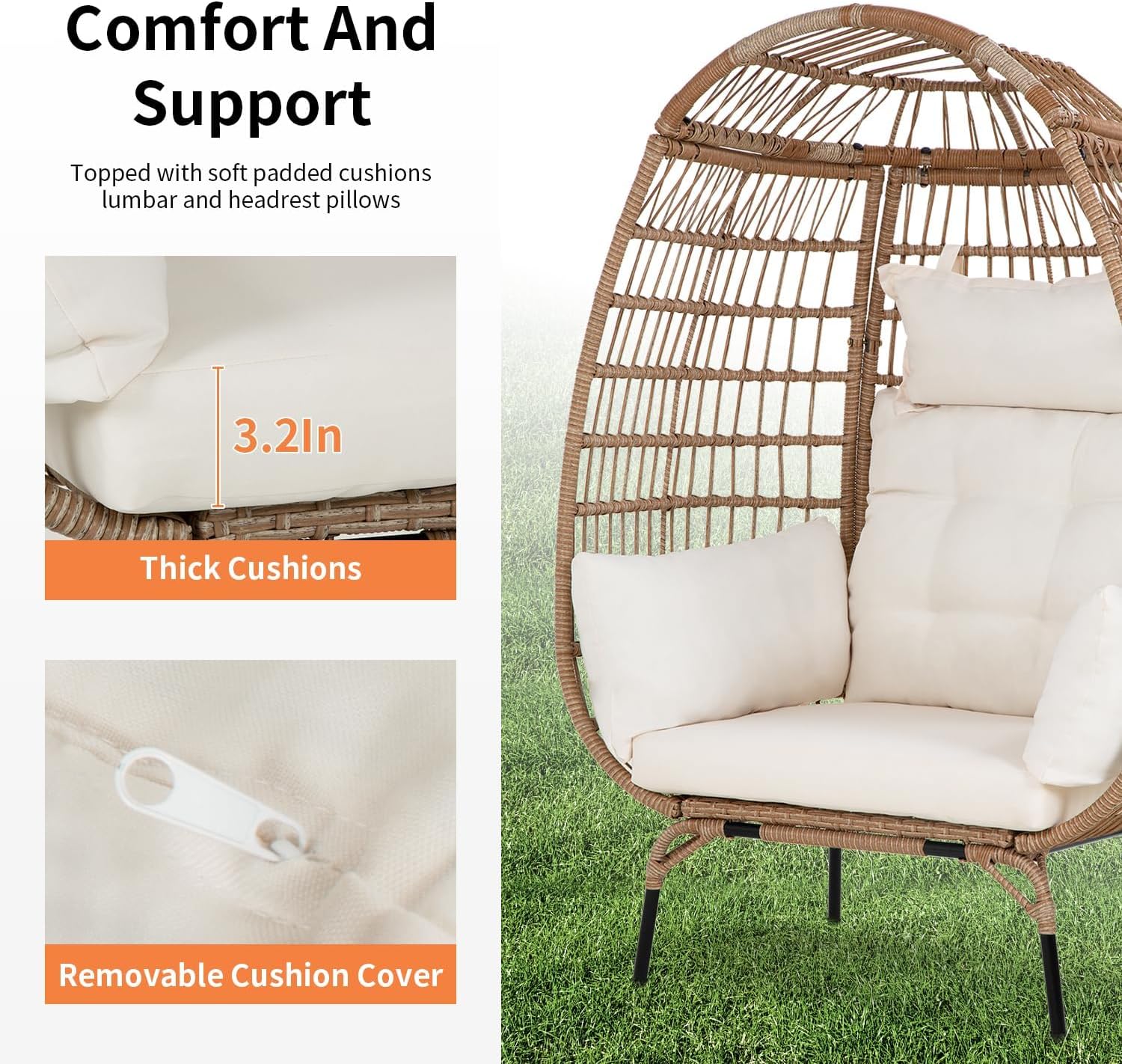 Oversized Egg Chair with Stand, Room Decor Aesthetic Reading Chair, Lounge Chairs for Outside Wicker Egg Chair, Outdoor Chairs Comfortable Rattan Chair, 352Lb Capacity Patio Chairs Outdoor Furniture