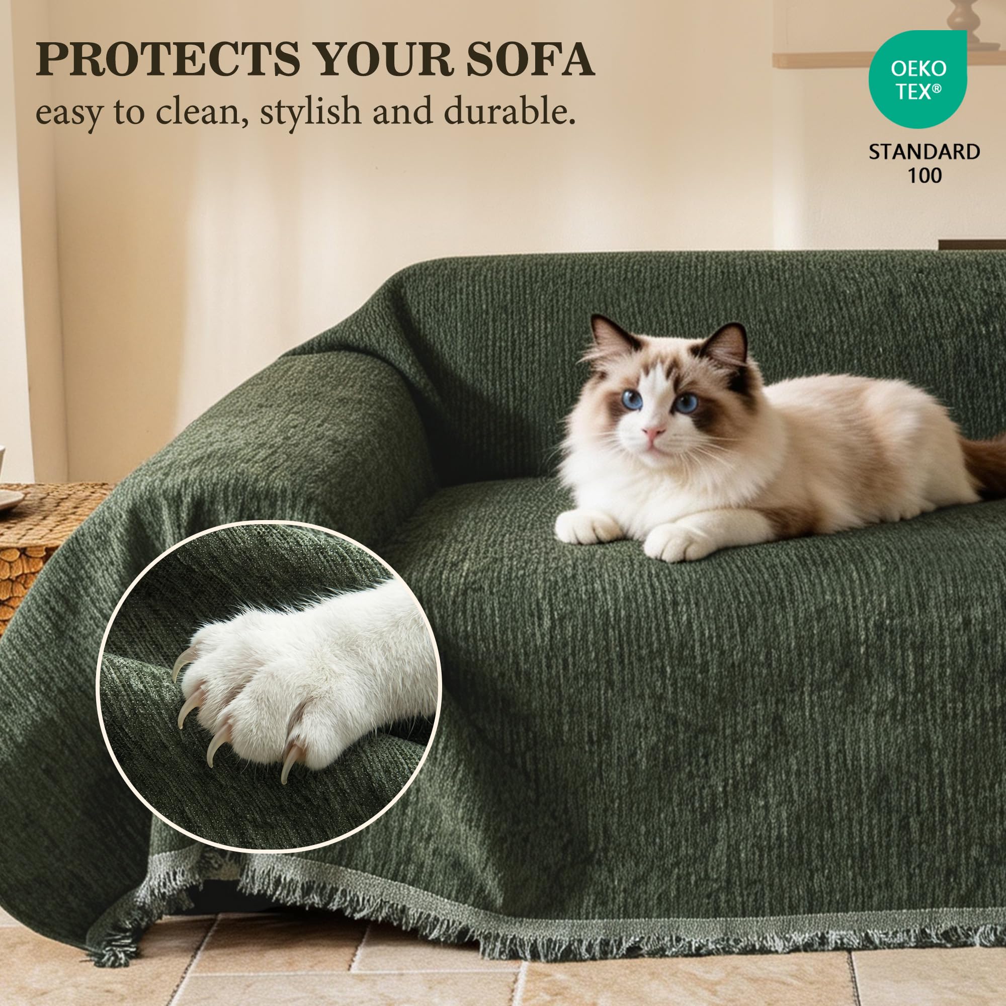 Olivgrün Sofa Protector Cover Überzug Sofaüberwurf in Unifarbe Sofabezug Couch Cord Chenille 230x340cm für 2/3/4 Sitzer U/L Form Bett Schonbezug Sofaschutz Hund Katze Kratzschutz Zum Schutz