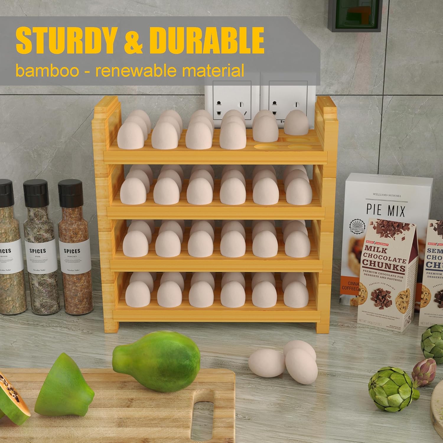 Bamboo Egg Holder Countertop - Stackable Design for Fresh Eggs, Farmhouse Egg Tray Storage Display Rack, Kitchen Counter Top Organizer Wooden Egg Stand, Fits Quail, Duck, Turkey, Chicken Eggs (Modern) - Image 6
