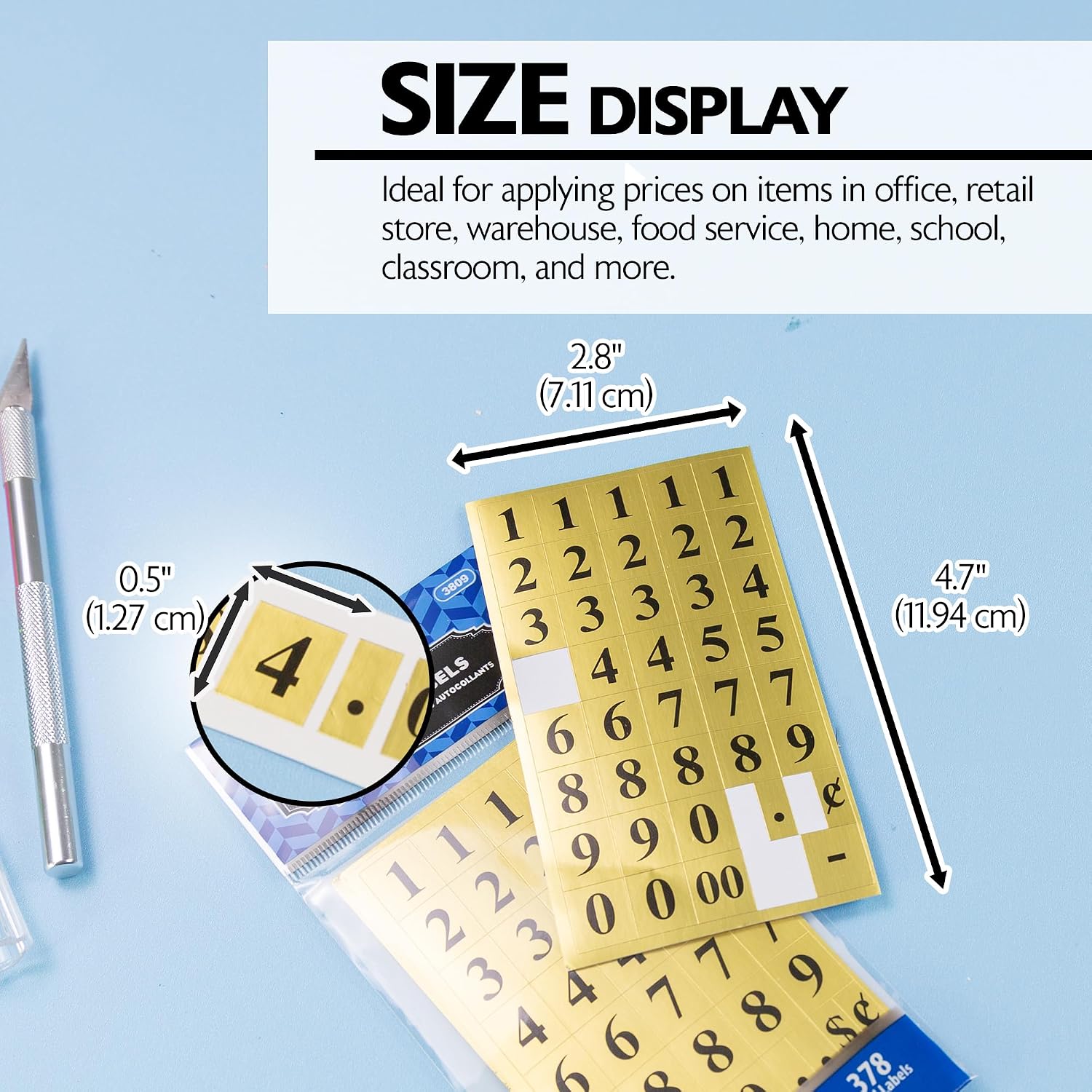 BAZIC Products Gold Foil Number Label, 0 to 9 Numbers Square 1/2" x 5/8" Easy to Peel Custom Sticker, Ideal for Inventory Storage Organizing (378/Pack), 24-Packs