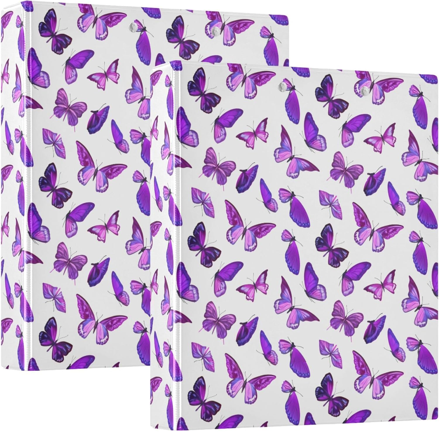 Purple Butterfly 3 Ring Binders, 1.5” Round Ring Binders with Clipboard - Letter Size, 3 Interior PVC Clear Pockets & Anti-Slip Clip for Office School Supplies, 2PCS