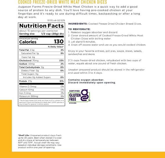 Augason Farms Freeze Dried Chicken Breast Chunks #10 Can, 16 oz