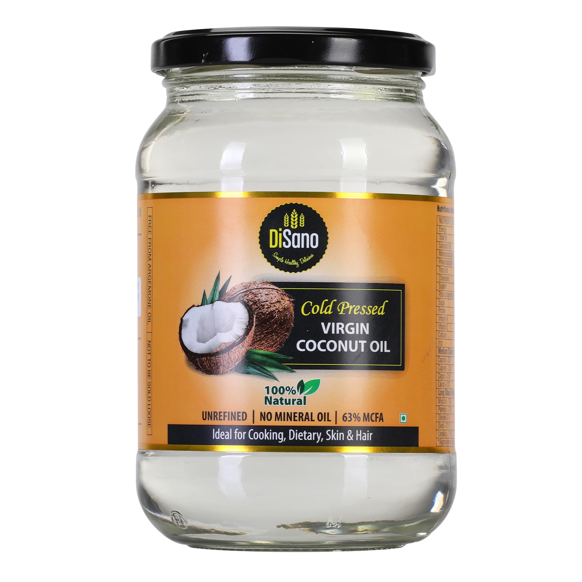 Cold Pressed Virgin Coconut Oil Bottle, Glass Bottle, 500ml