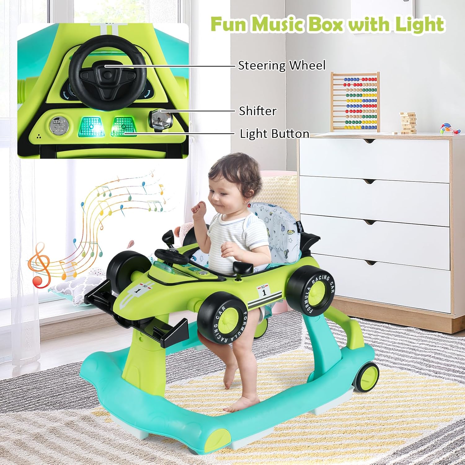 HONEY JOY 4-in-1 Baby Walker, Activity Push Walker w/3 Adjustable Heights, Smooth Wheels w/Adjustable Speed, Padded Seat, Music & Light, Foldable Car Walker for Baby Boys Girls Age 6 Months+ (Green)