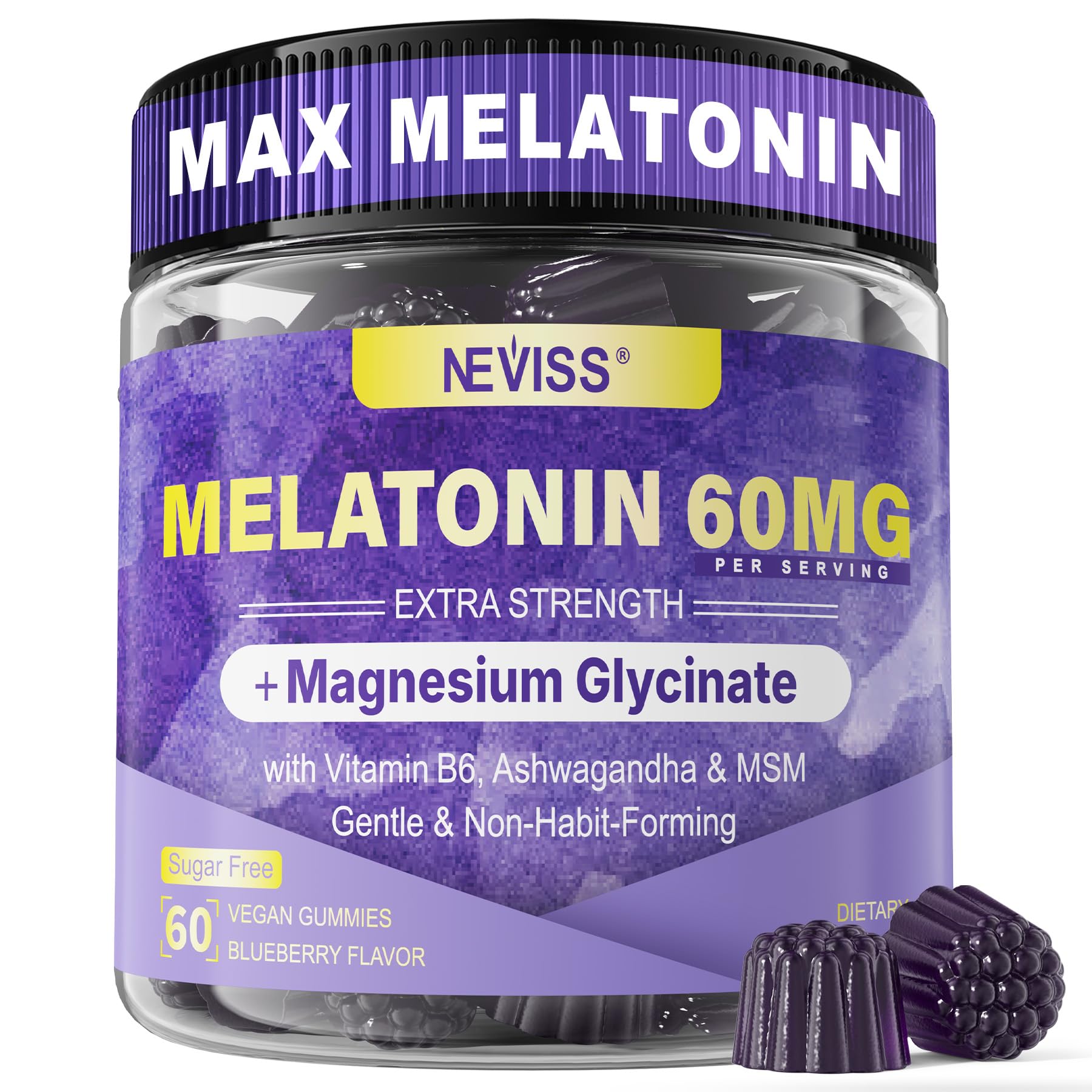 Melatonin Gummies 60mg 30mg for 50+ Adults, High Dose, Extra Strength, 60Ct | With Magnesium Glycinate, Vitamin B6, Ashwagandha & MSM, Non-Habit Forming, Sugar Free, Vegan, Blueberry Flavor