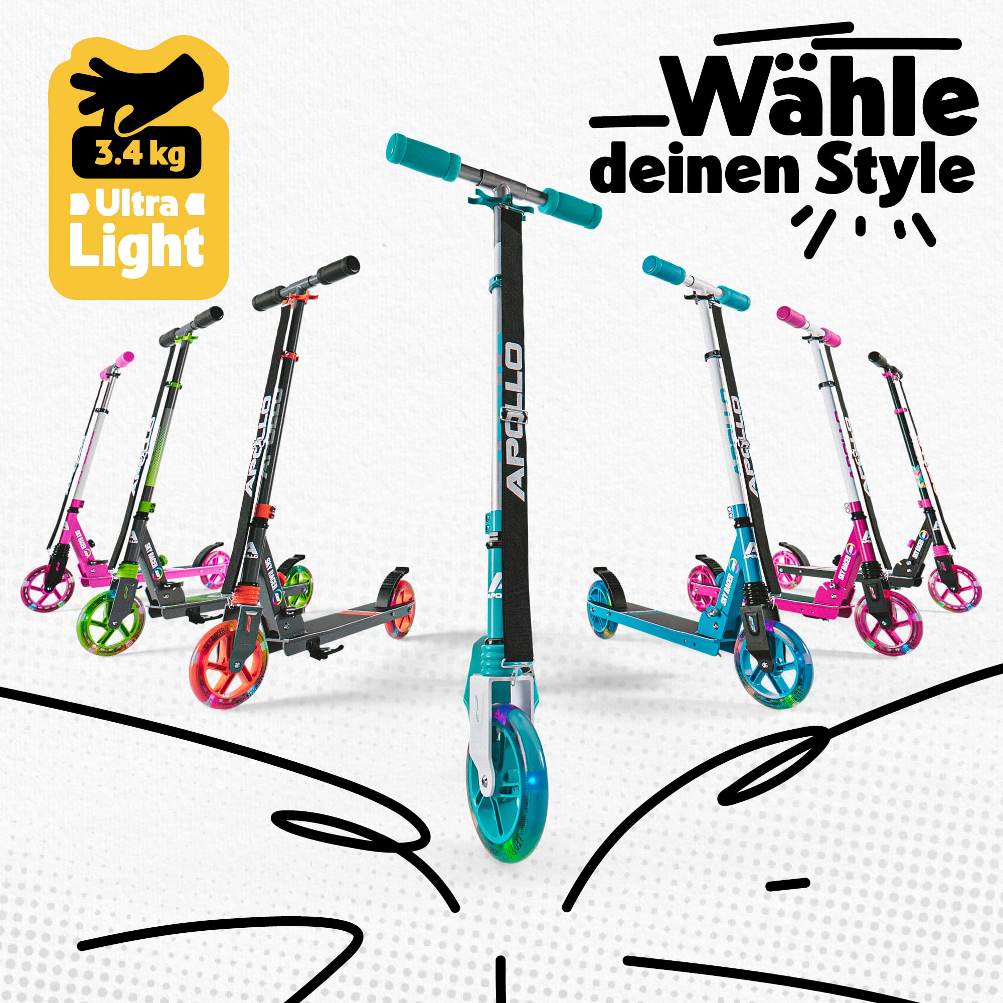 Apollo Skyracer City Roller mit LED Leuchträdern, Roller für Kinder ab 6 Jahre, City-Scooter mit Federung, Tretroller für Kinder und Teens, klappbar und höhenverstellbar