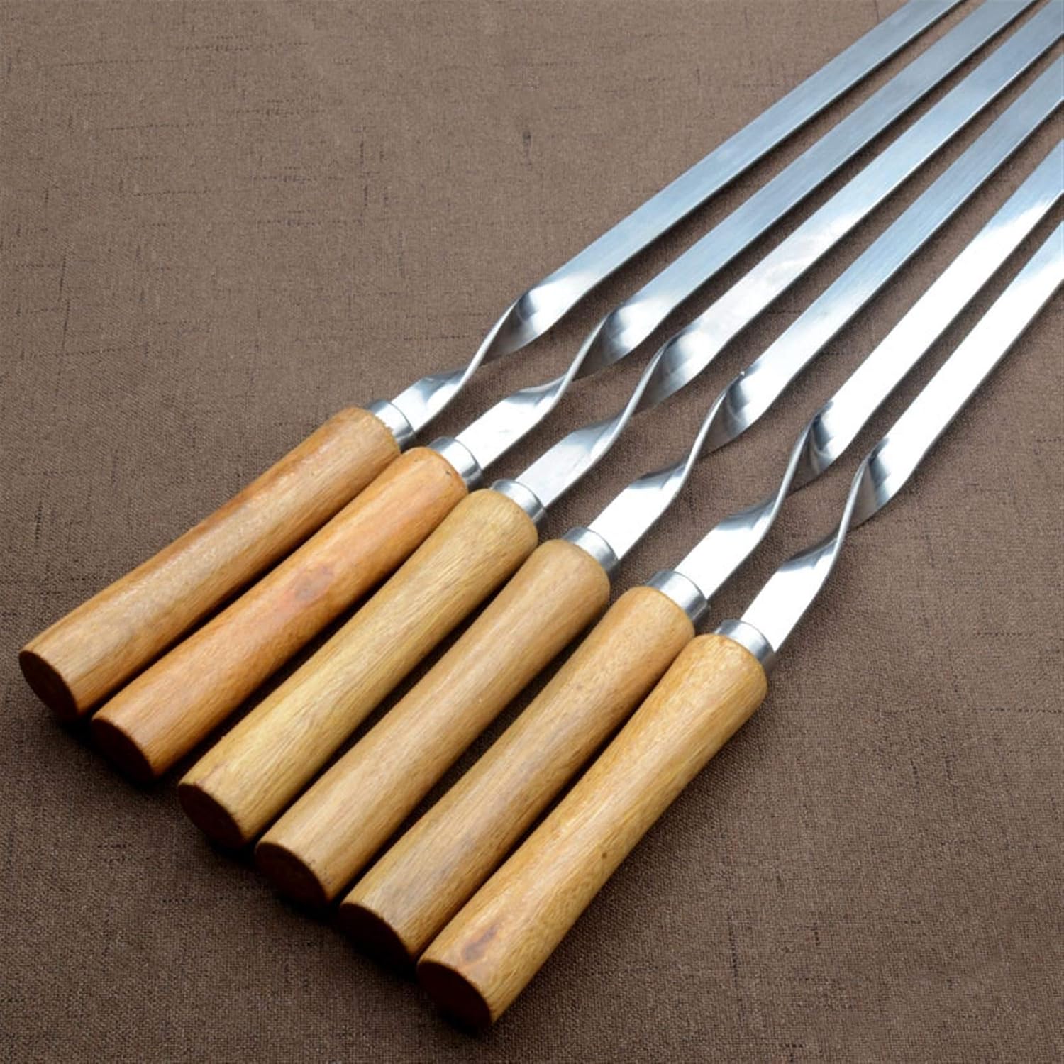 Skewers 55cm 21.5" Stainless Steel BBQ Skewers Shish Kebab Barbecue Grill Stick Wood Handle Fork Needle Long Flat Meat Set Camping Tool (Color : 6pcs)