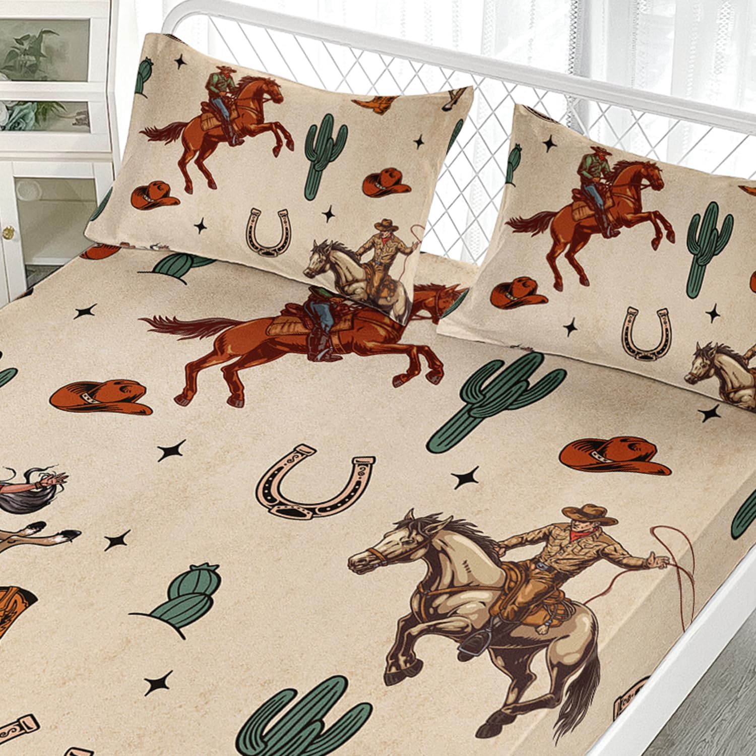 AILONEN Western Cowboy Fitted Sheet Set Queen Size, Rodeo Cowboy Riding Bull with Cacti Bedding Set for Teens,Boys Bedroom Decor,Ranch Jomon Bed Sheet Set,3-Piece, 1 Fitted Sheet and 2 Pillowcases