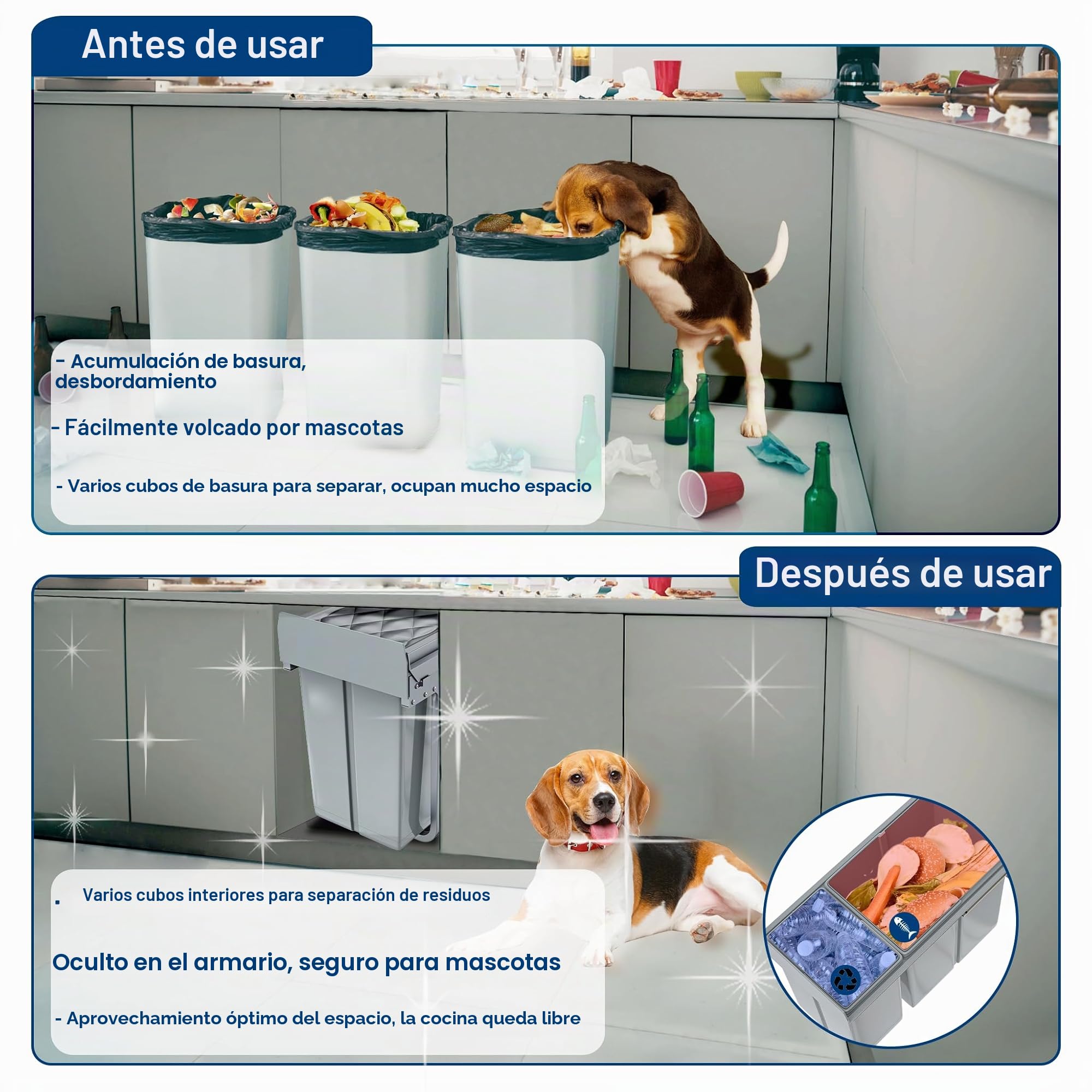 UISEBRT - Cubo de basura de cocina con cajón, cubo de basura empotrado, sistema de separación de basura con tobogán, plástico, gris【1x20L+1x10L】