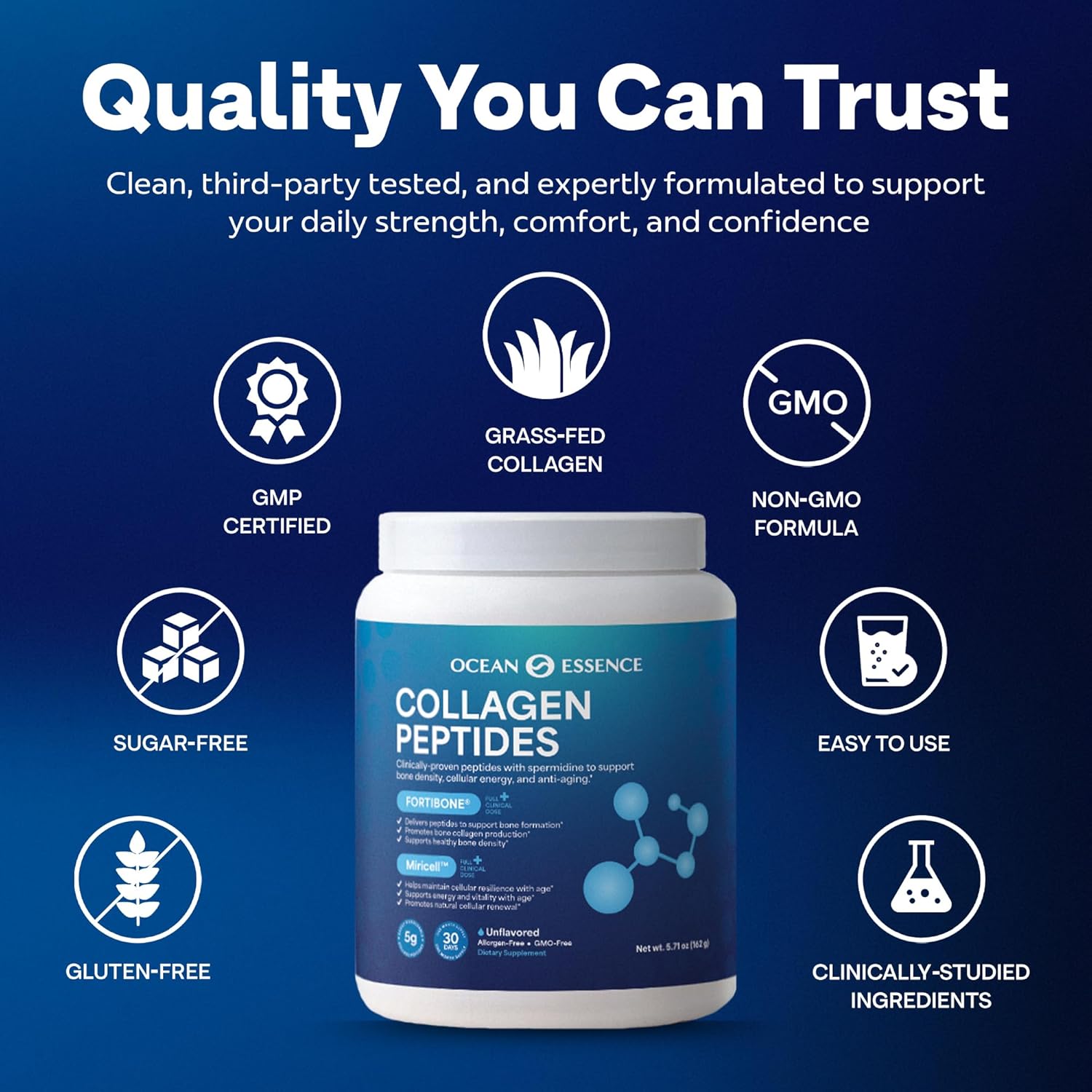 OCEAN ESSENCE Collagen Peptides for Bone Health with Fortibone, Vitamin K2 & Miricell – Bone Density Support, Healthy Aging, Easy-Dissolve Collagen Powder for Adults, Unflavored, Made in USA