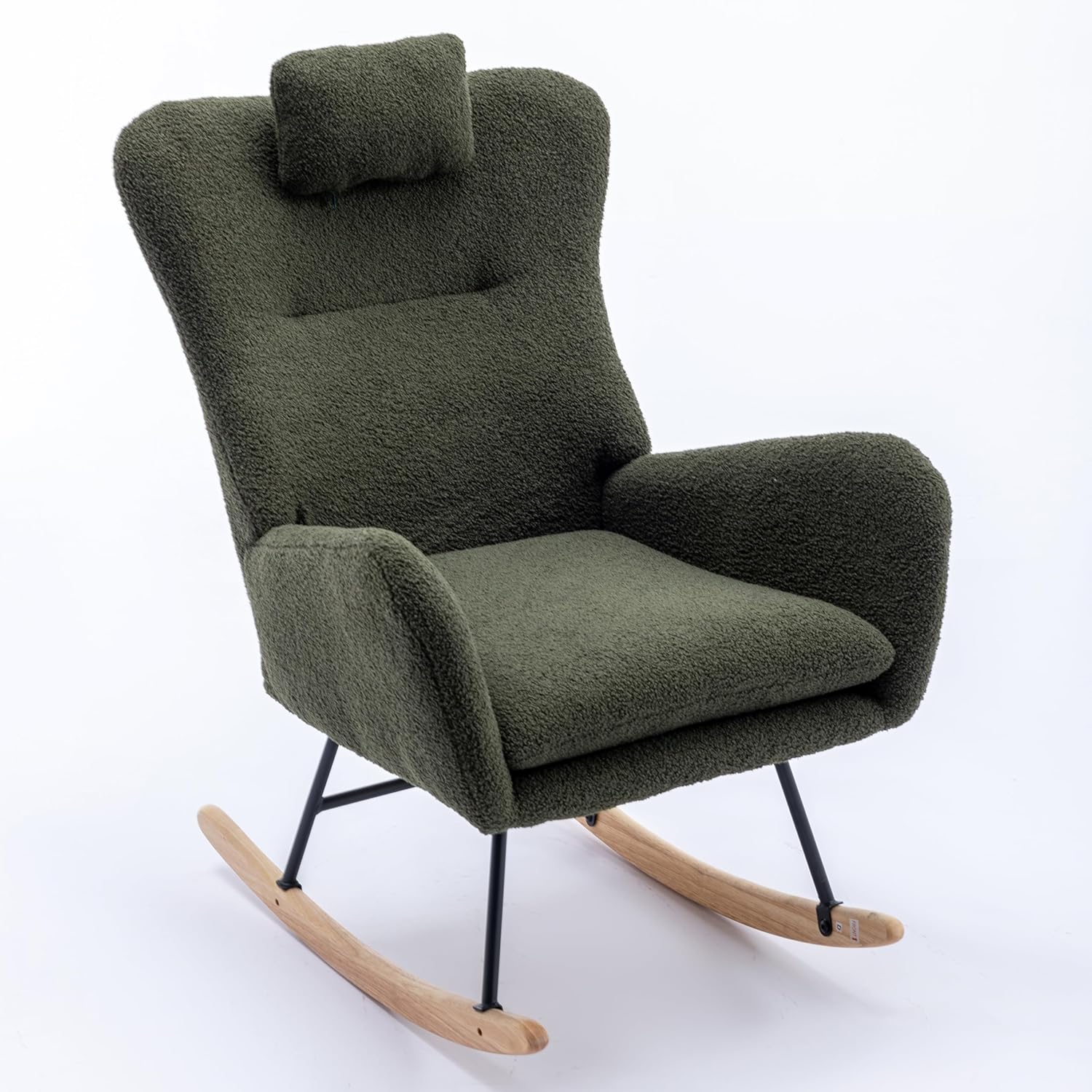 35.5 inch Rocking Chair, Soft Teddy Velvet Fabric Rocking Chair for Nursery, Comfy Wingback Glider Rocker with Safe Solid Wood Base for Living Room Bedroom Balcony（Dark Green）