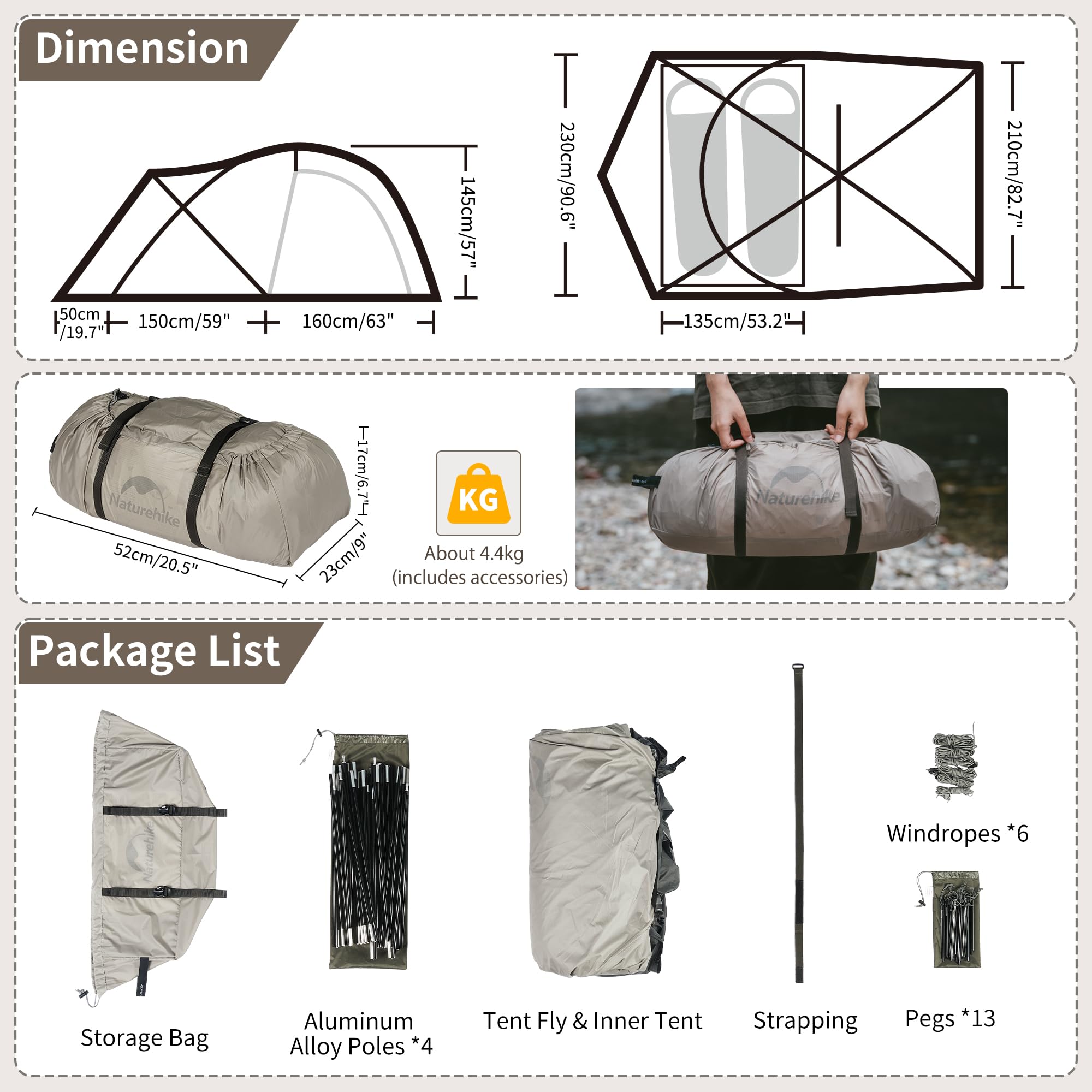 Naturehike Tenda da Campeggio a Tunnel Familiare Impermeabile per 2-4 Persone Circa 7,5㎡ & 15㎡ con Telone per Campeggio, Escursionismo, Viaggi in Auto e Altre Attività All'aperto