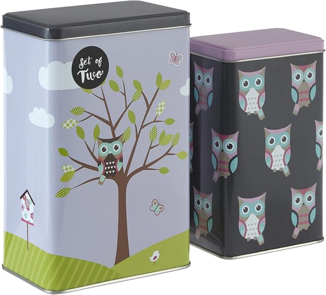 Premier Housewares 507304 Canister Set for Kitchen Rectangular Tea Coffee Storage Jars Set of Two Blue and Pink Owl Design 19 x 9 x 6 -19 x 11 x 7.5