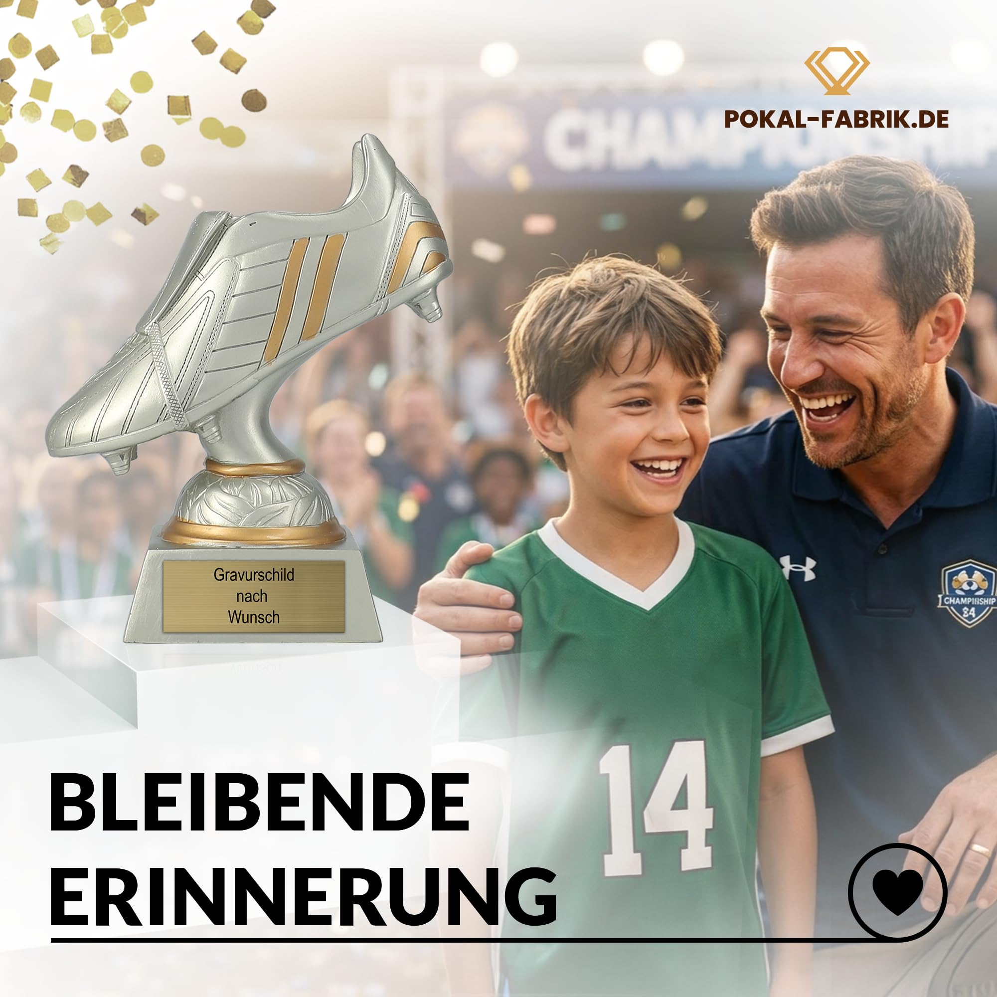 Pokal-Fabrik - Pokal mit Gravur Wunschtext - 17 cm Resin Gold/Silber Sportfigur Fussball-Schuh – Geschenk-Trophäe für Fußball WM, Sport Events & Wanderpokal - Torschütze
