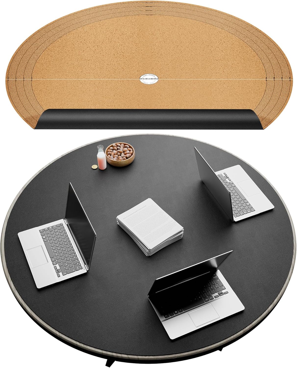Chihein 42"/1067mm/3.5ft Placemat with Cork & PU Leather - Can be Cut into Half Circle Dining Table Mat or the Round Table Cover with A Diameter of 35" - 42" (Black)