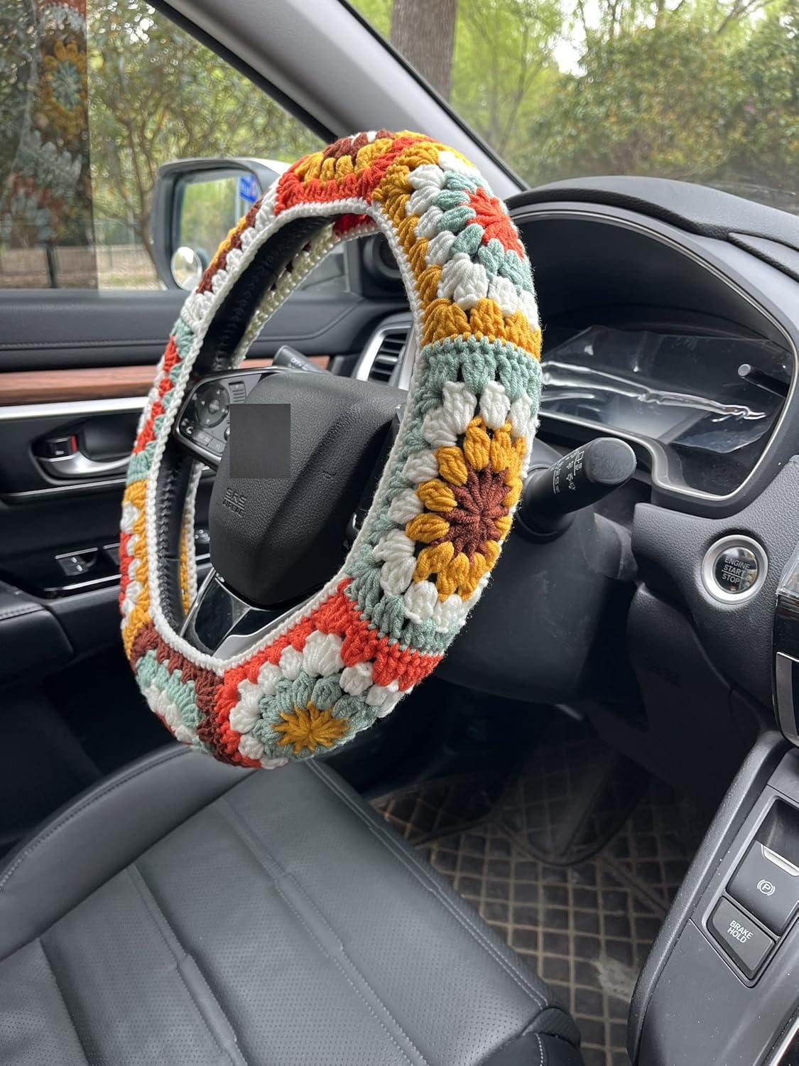 Steering Wheel Cover,Handmade Crochet Rainbow Sunflower Granny Square Steering Wheel Covers (Steering Wheel Cover+1strawberry) - Image 3