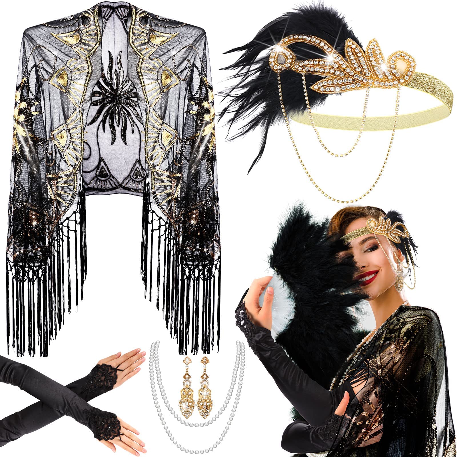Excefore1920s Accessories Set, Halloween Party Set, Flapper Feather Headband Pearl Necklace Rhinestone Earrings Gloves Fringed Evening Cape Scarf 20s Accessories for Women Girls
