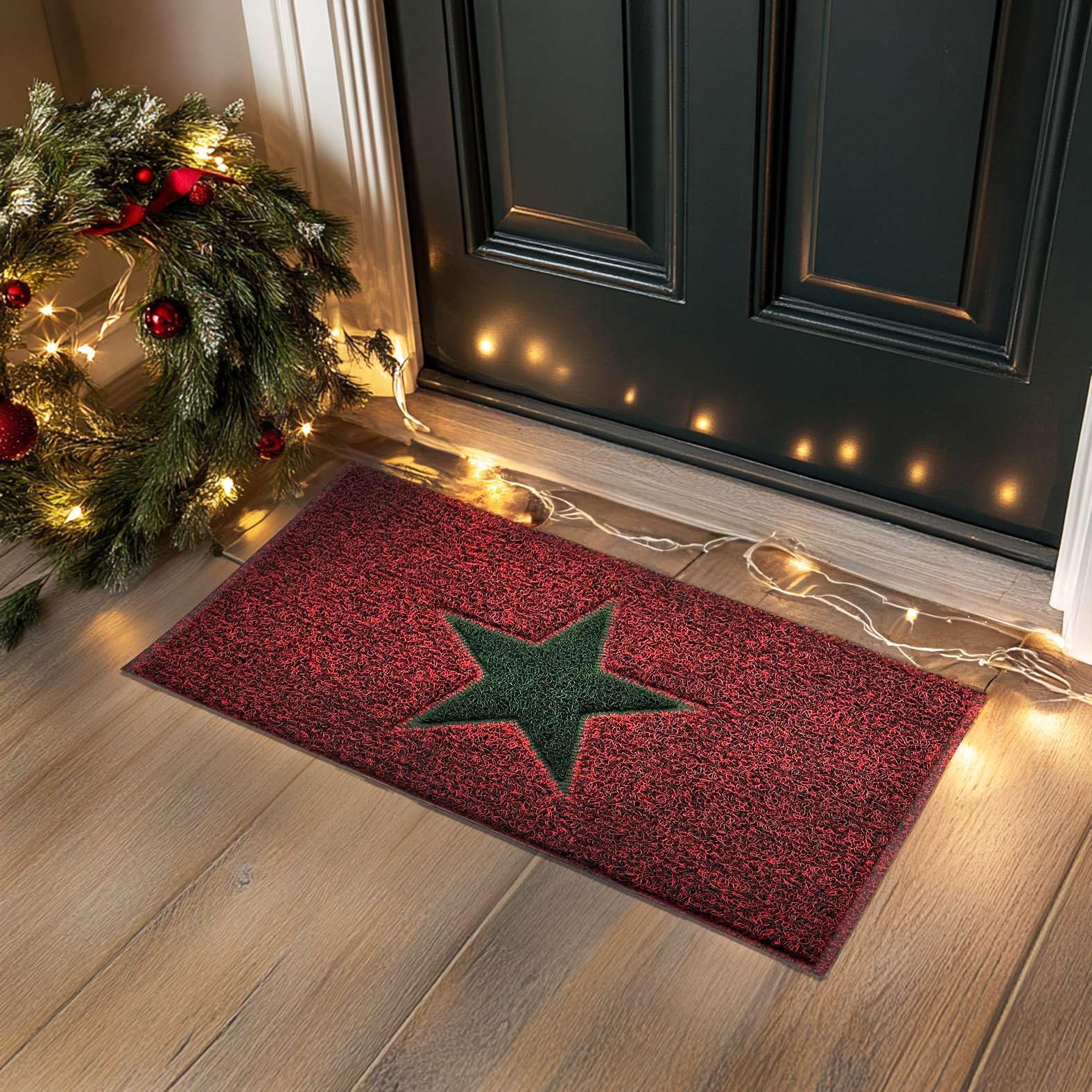 Nicoman Christmas STAR Door Mat Entrance Barrier Dirt-Trapper Floor Mat Patio Garden Conservatory Doormat Indoor Outdoor Non Slip Matt (Red with Green Star, 90 x 60cm, Large)