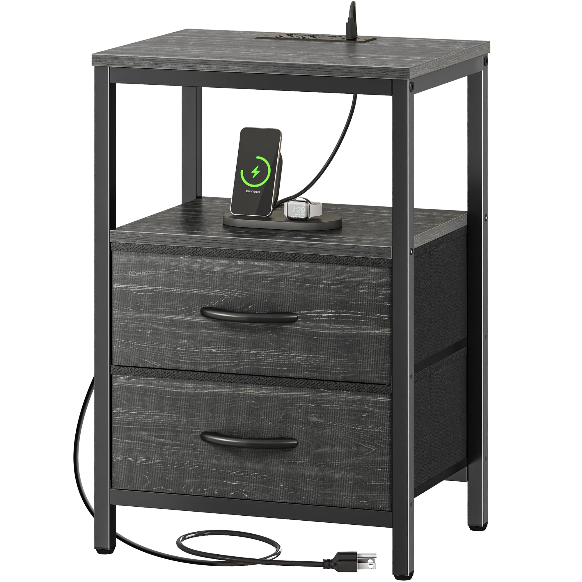 Huuger Nightstand with Charging Station, Side Table with Fabric Drawers, End Table with Open Shelf, Bedside Table with USB Ports and Outlets, Night Stand for Bedroom, Charcoal Black Wood Grain Print