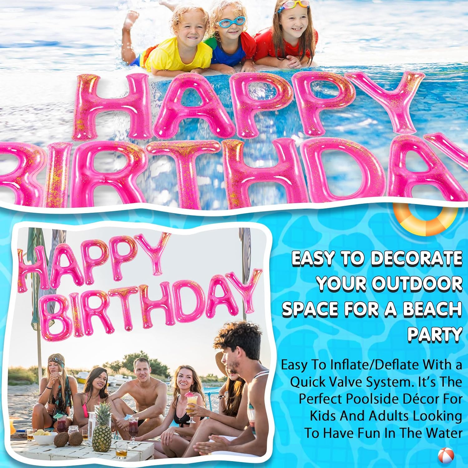Shappy 30'' Happy Birthday Pool Extra Large Floating Letter Balloons with Adhesive Dots Inflatable Party Decorations for Summer Birthday Party