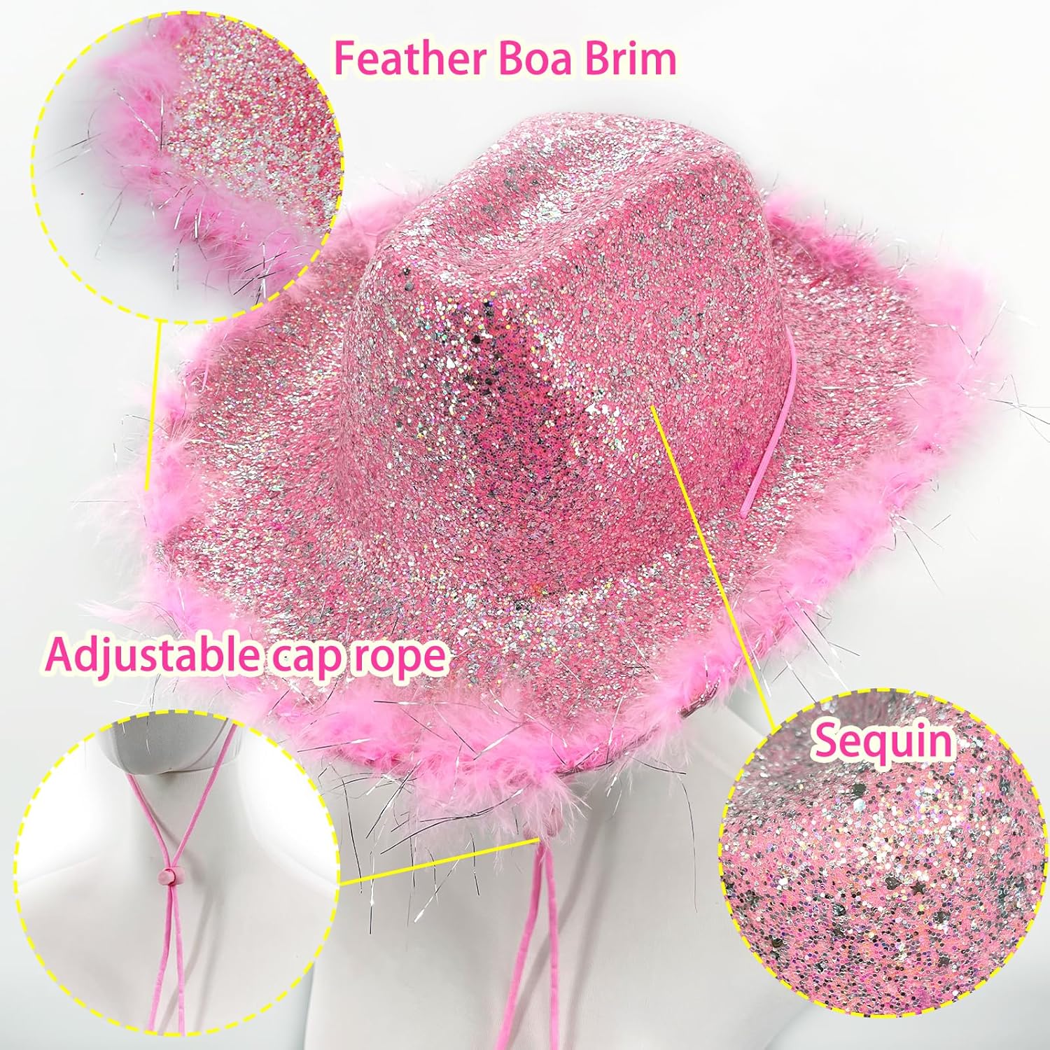 Cowboy Hat with Heart Sunglasses - Cowgirl Hat with Feather Boa Brim for Women&Men,Bachelorette Party Halloween - Image 3