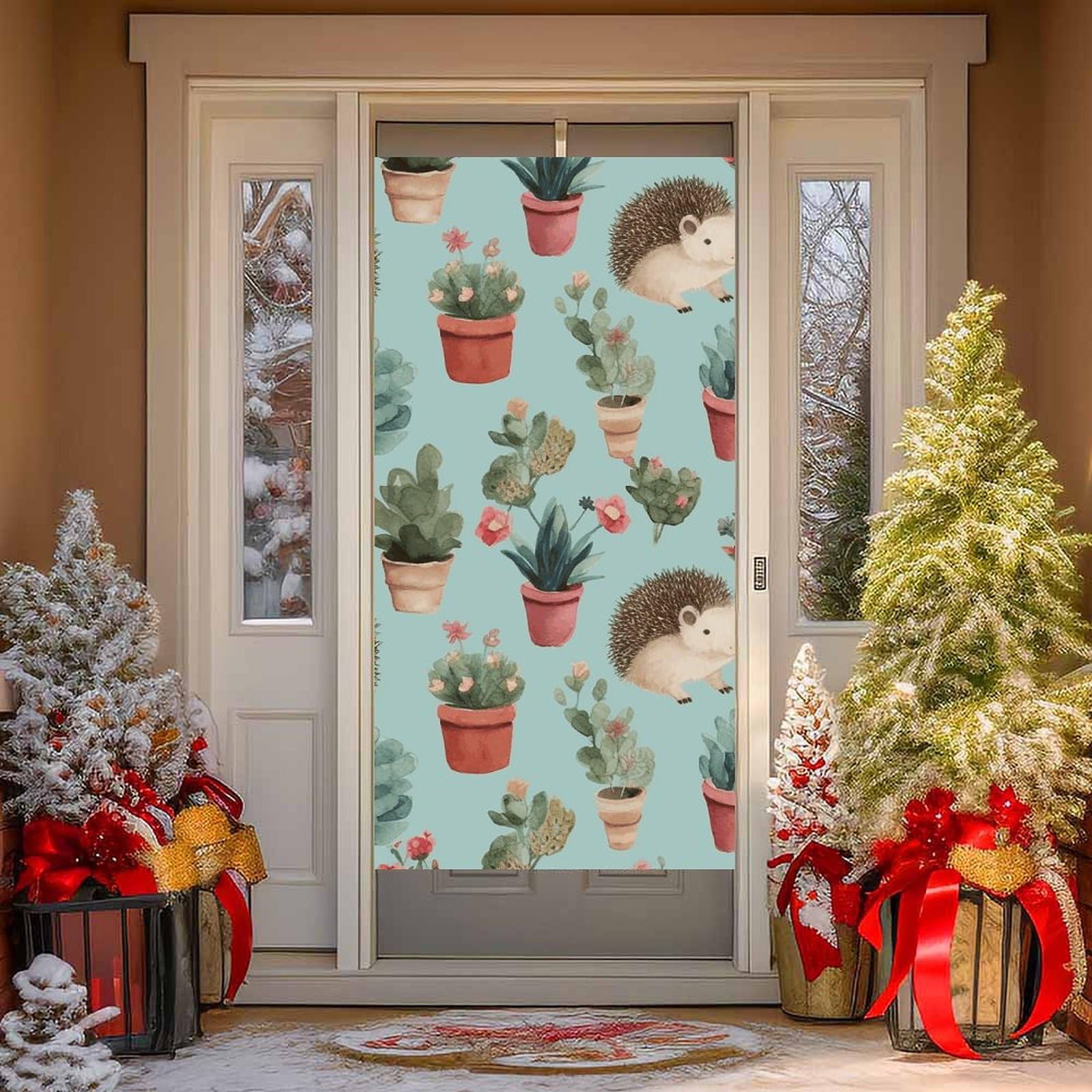 NONHAI Hedgehog Potted Flower Door Cover Decoration Welcome Door Banner Porch Sign Photo Background DoorCurtains for Doorway Privacy Window Curtain Porch Cover Indoor Outdoor Decor 70.9x35.4in