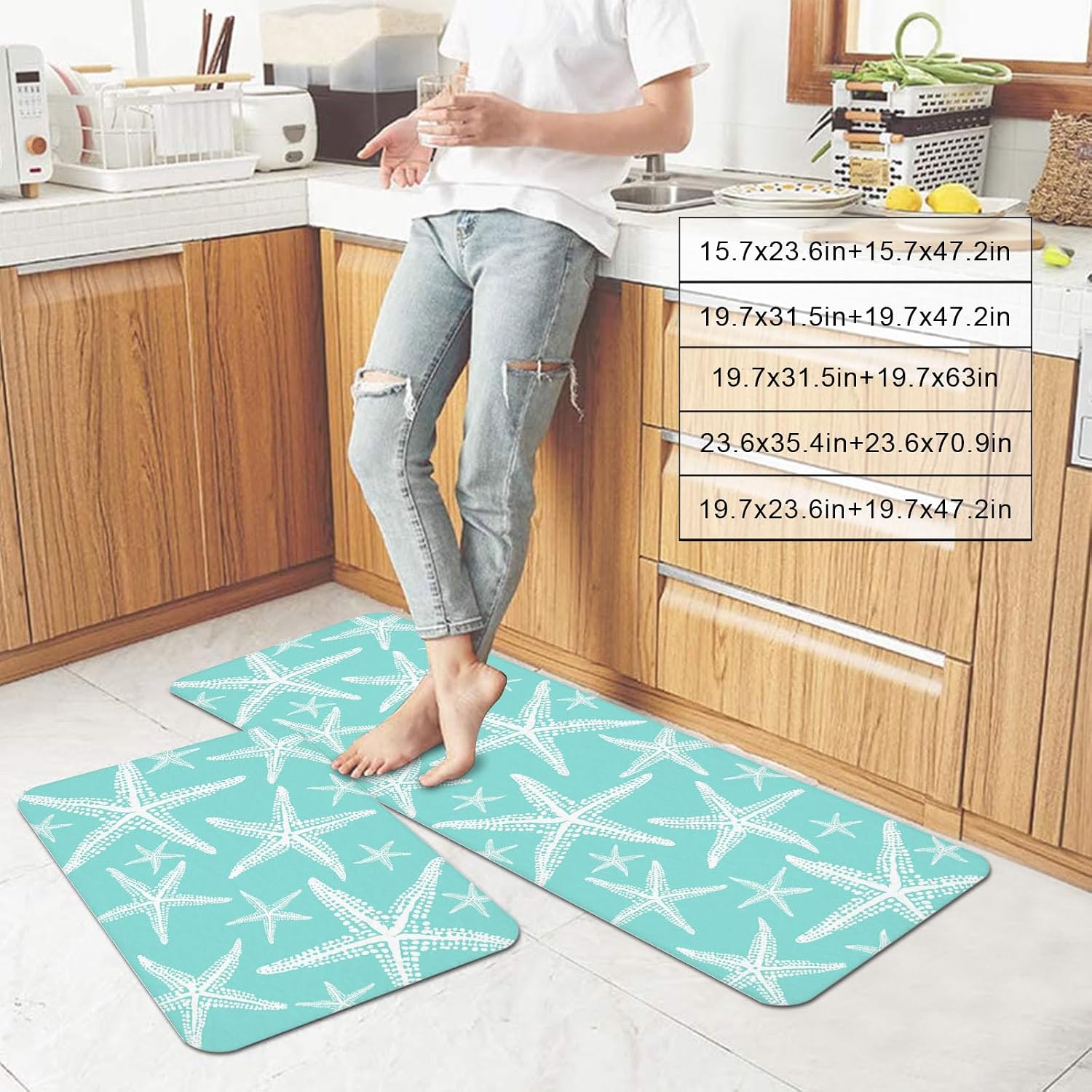 Coastal Aqua Starfish Kitchen Mats Set of 2 Nautical Ocean Summer Minimalist Sea Non Slip Mat Washable Floor Rug for Kitchen Sink Floor Laundry, 23.6"x35.4"+23.6"x70.9"