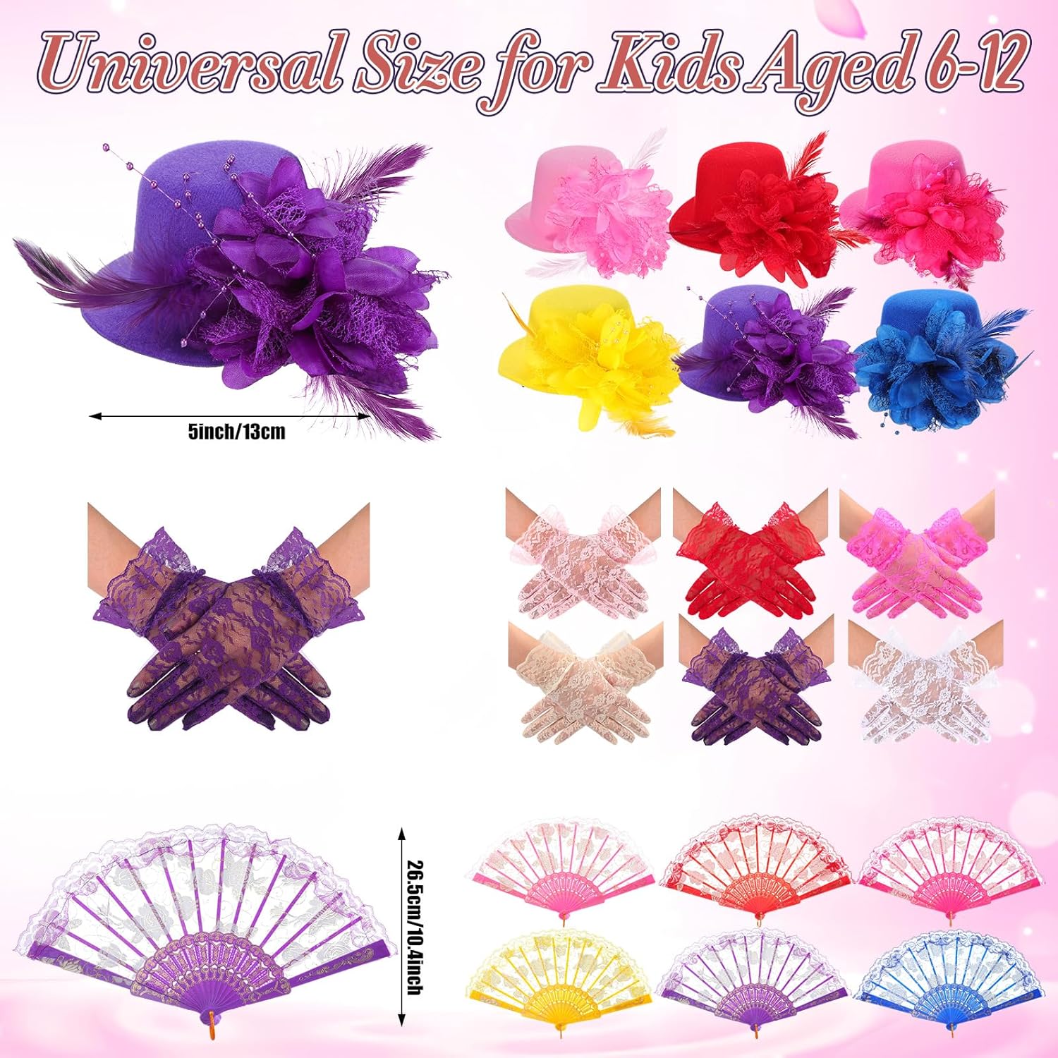 JaGely 18 Pcs Girls Tea Party Supplies Girls Mini Tea Party Hat and Gloves Lace Folding Fan(Bright Colors) - Image 2