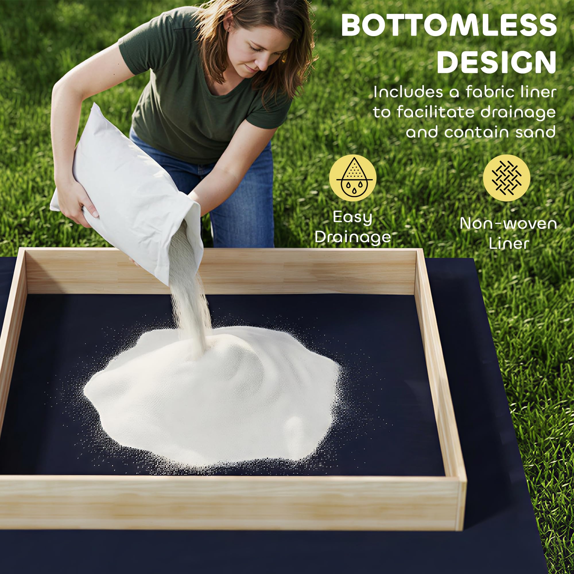 Qaba Caja de arena de madera con excavadora, caja de arena para niños al aire libre con asiento giratorio de 360°, pozo de arena de madera de abeto con forro inferior para niños de 3 a 6 años, 72 x 35