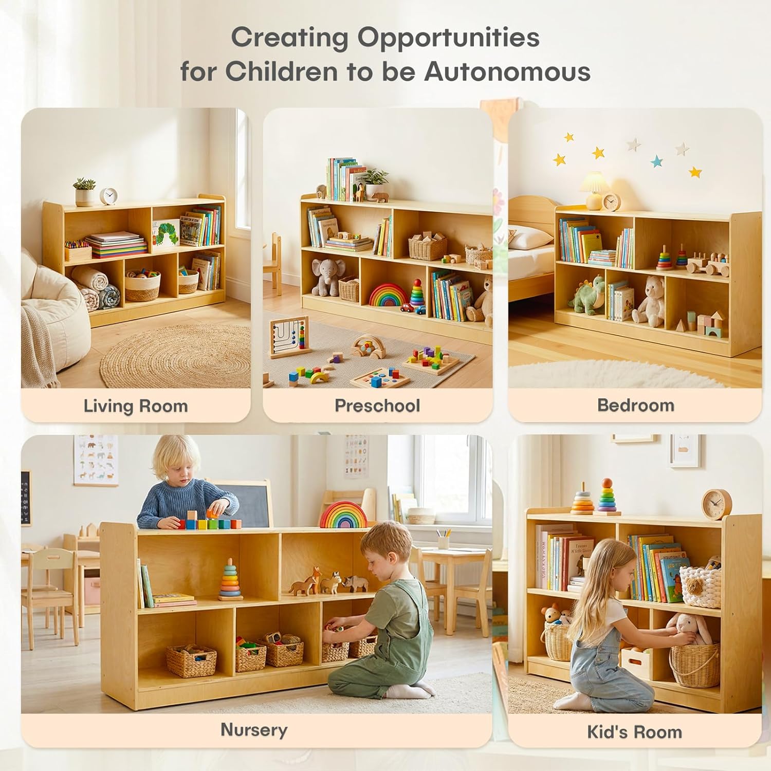 Montessori Shelf, Wooden Toy Storage Organizer with 2-Tier Shelf & 5-Section Storage Cabinet, Kids Bookshelf/Bookcase for Toddler Playroom, Nursery, Classroom(Natural)