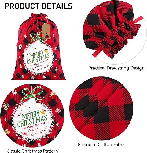 Miniatura 3 de Aneco 6 Piezas Bolsas de Regalo de Navidad con Cordón, Bolsa de Tela a Cuadros Buffalo con Cordón, Bolsas Reutilizables para Envolver Regalos con 24