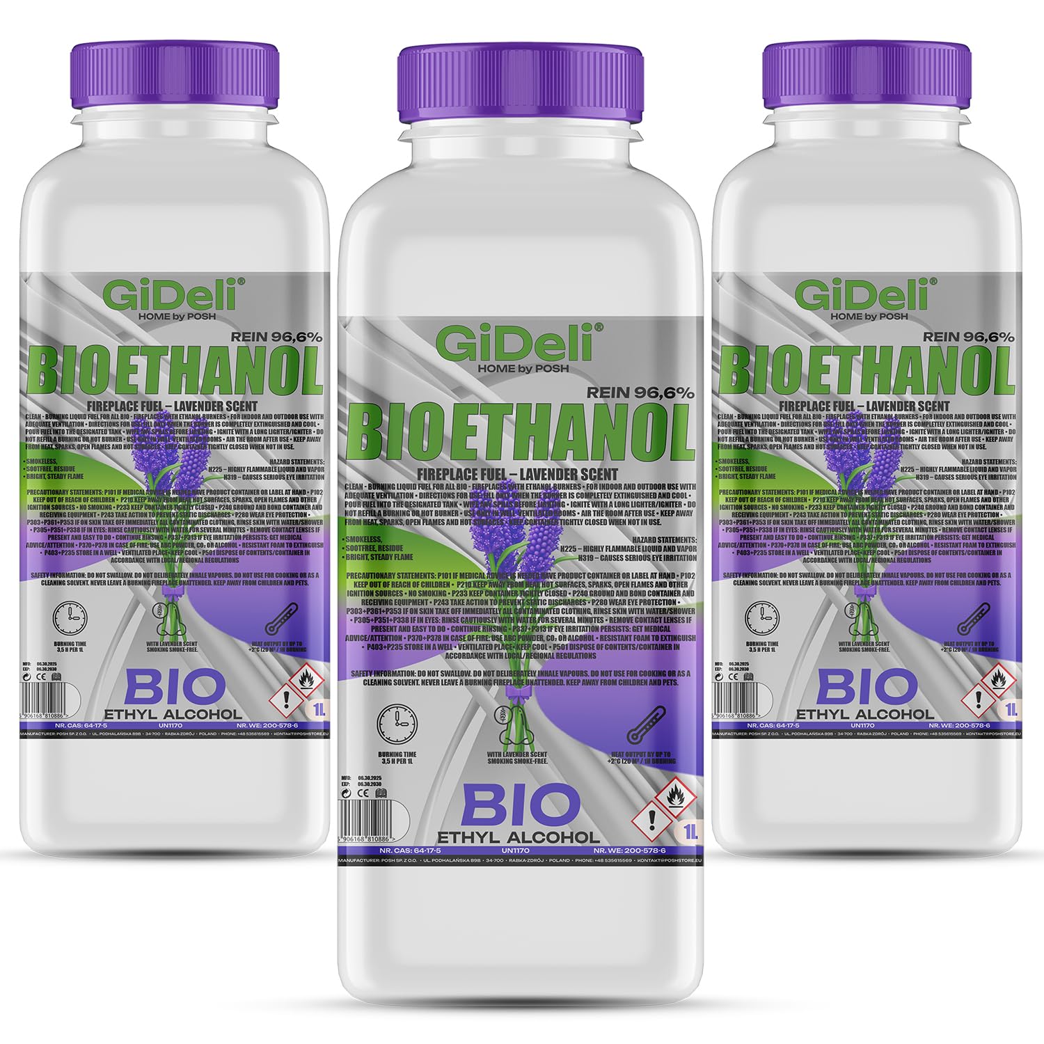 GiDeli bioetanol 3 x 1 l zapach lawendy 96,6% etanol do kominków wewnętrznych i zewnętrznych bez dymu i sadzy – z kukurydzy i buraków cukrowych