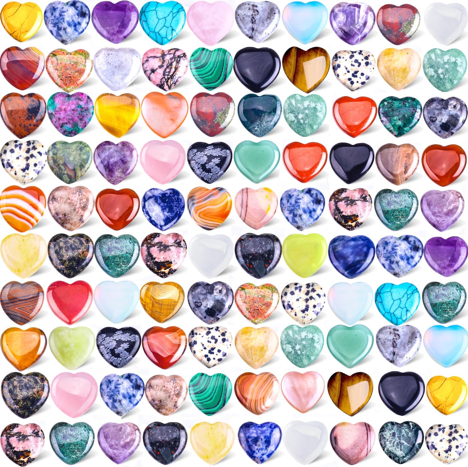 100PCS Natural Heart Stone Healing Crystal Palm Gemstones Wholesale Assorted Set Bulk Crystals Rock Real Gemstones Hearts For DIY Meditation Decor Gifts and Chakra Reiki Balancing (0.8 inch)