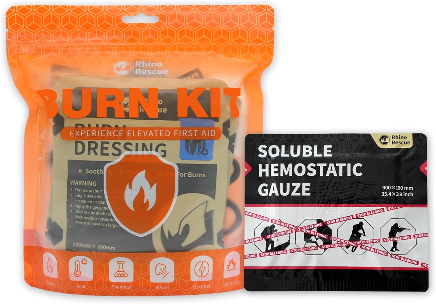 RHINO RESCUE Burn Kit with Hemostatic Gauze, 4pcs Burn Dressings 4x4”, 8pcs Burn Gel Packets 3.5g, 4pcs Non-Adherent Burn Pads, Burn First Aid Cooling Soothing