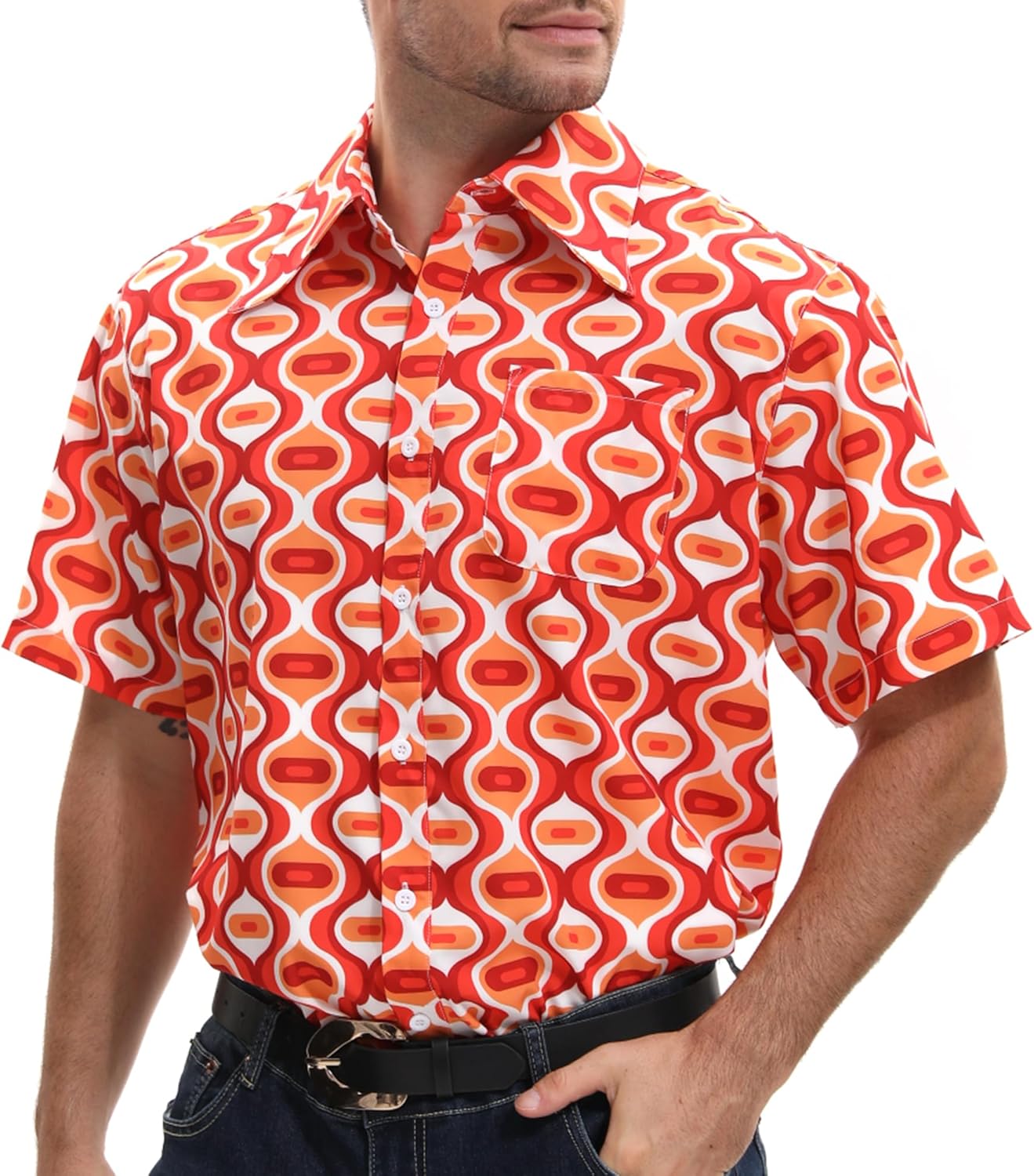 Mens 70s Disco Hip Hop Shirts Casual Button Down Paisley Floral Vintage Short Sleeve Large Collar Shirt - Image 4