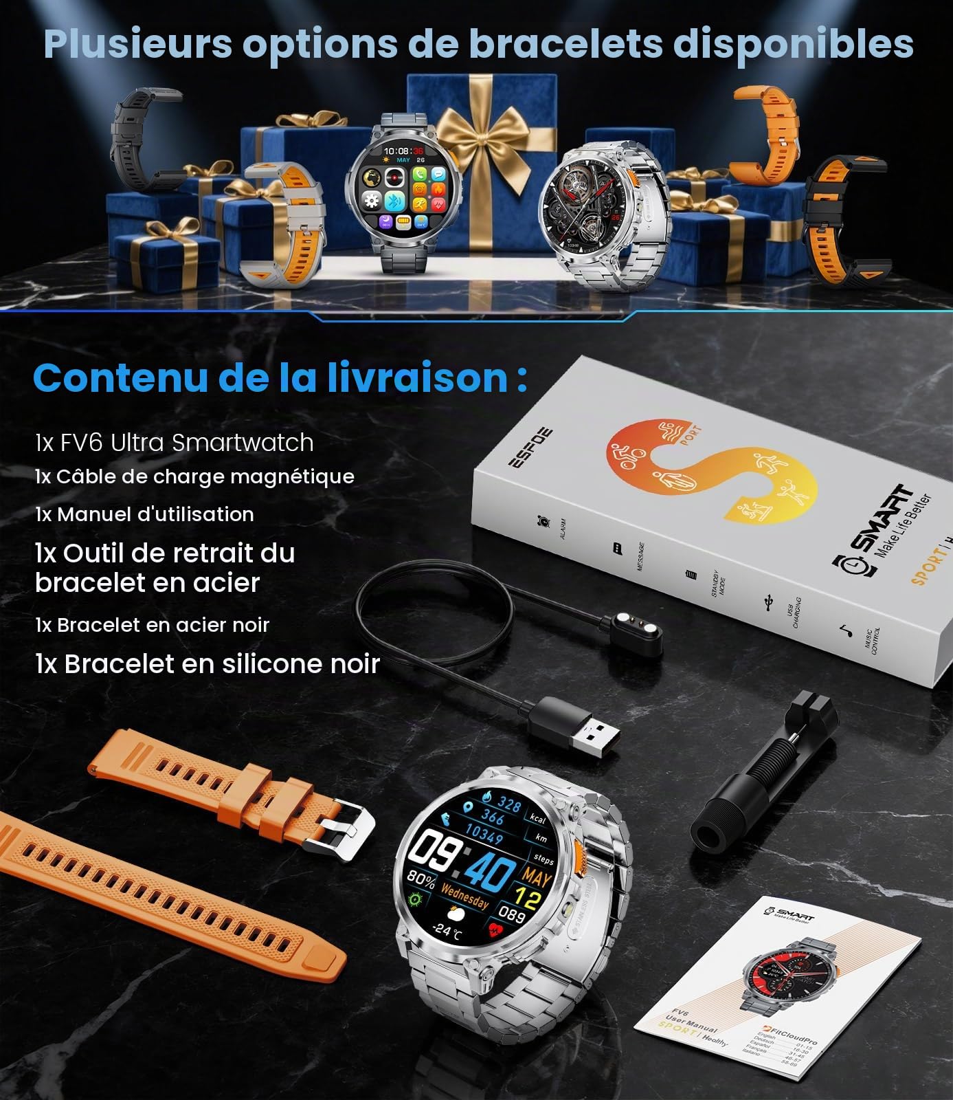 ESFOE Montre Connectée Homme 1000mAh/LED Lampe/5ATM Étanche, 1.85" Militaire Smartwatch Homme avec Appel Bluetooth, 130+ Modes Sportifs, 24H Sommeil/Fréquence Cardiaque/Podomètre Android iOS Argent