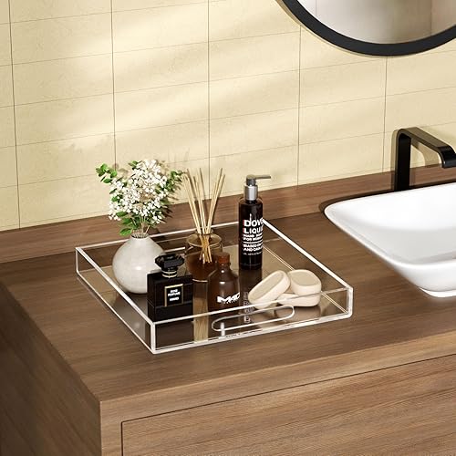 Miniatura 6 de HIIMIEI Bandeja acrílica, bandeja transparente de 10 x 10 pulgadas, bandeja de acrílico con asas para otomana, café, aperitivo, desayuno, baño